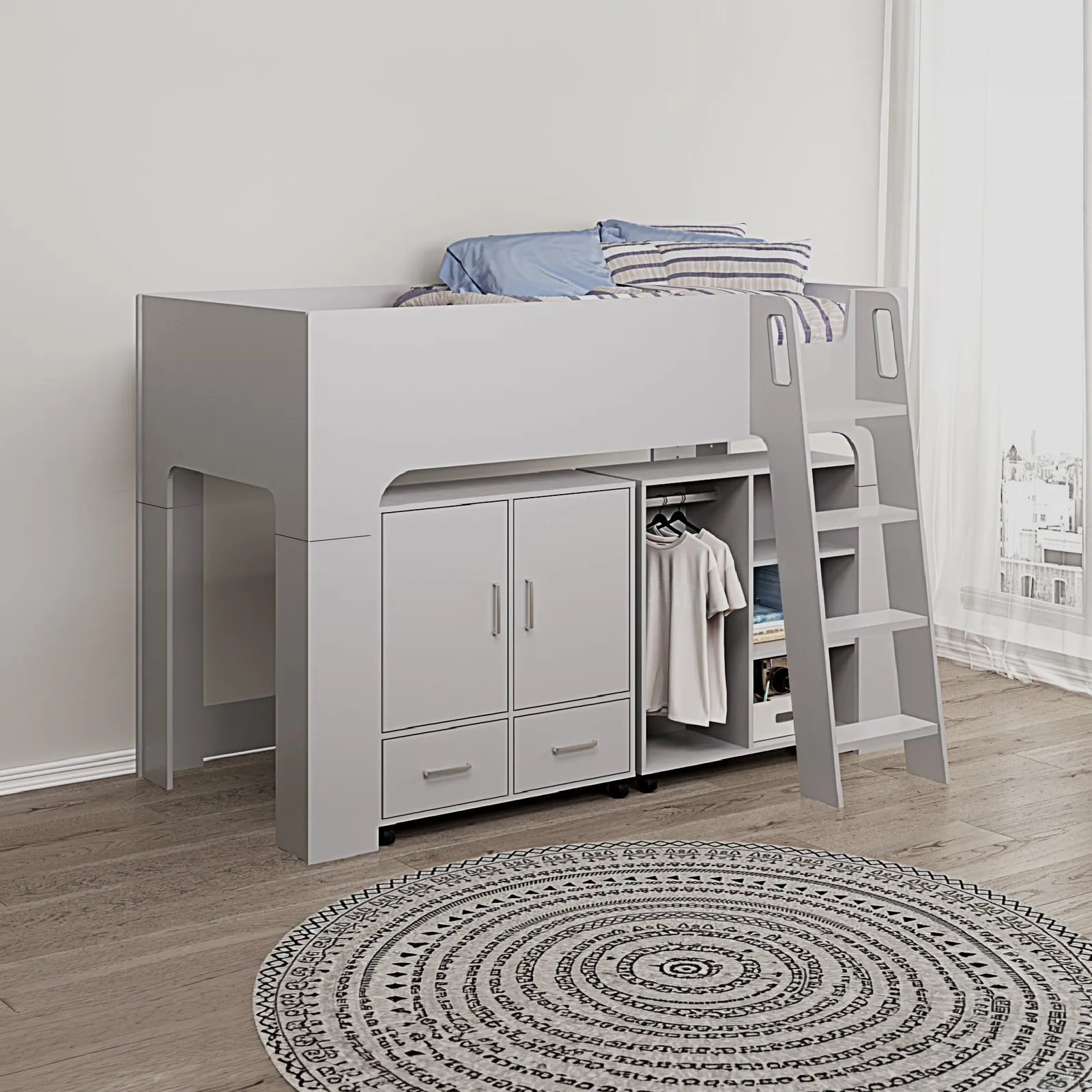 Eden - Single - Mid Sleeper with a Mini Wardrobe, Drawers and Cupboard - Grey - Wooden - 3ft - Happy Beds