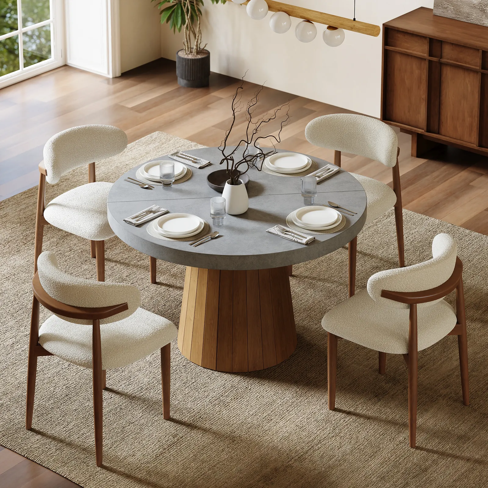 Dining Set 100-140cm Japandi Extendable Dining Table with 4 Chairs