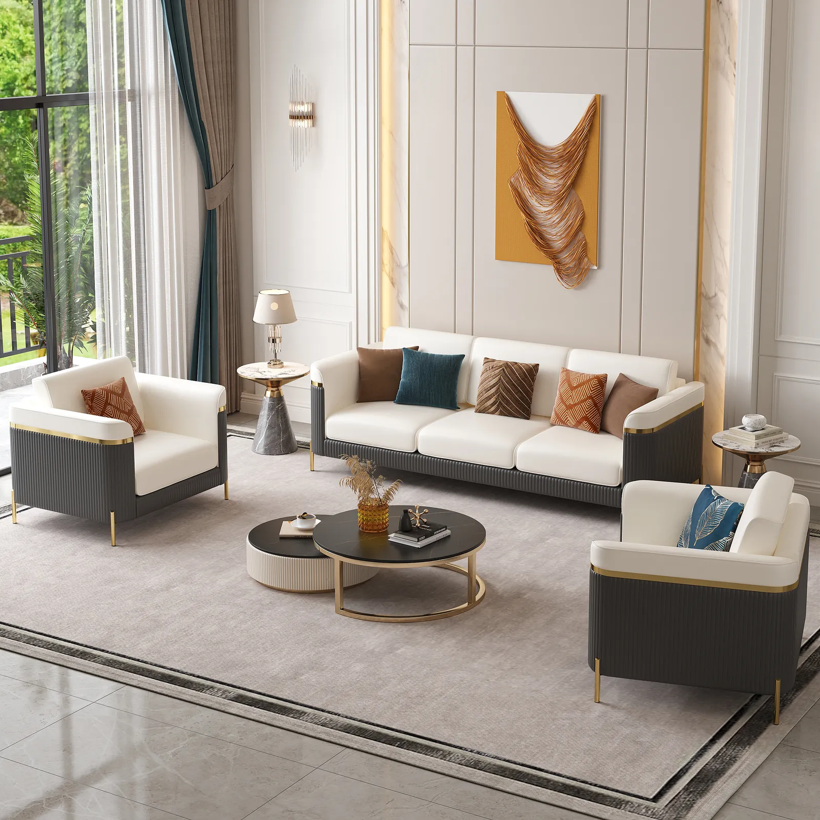 3 PCS Vertex Sofa Set with Chair Modern Beige Living Room Sofa Set with Cushion