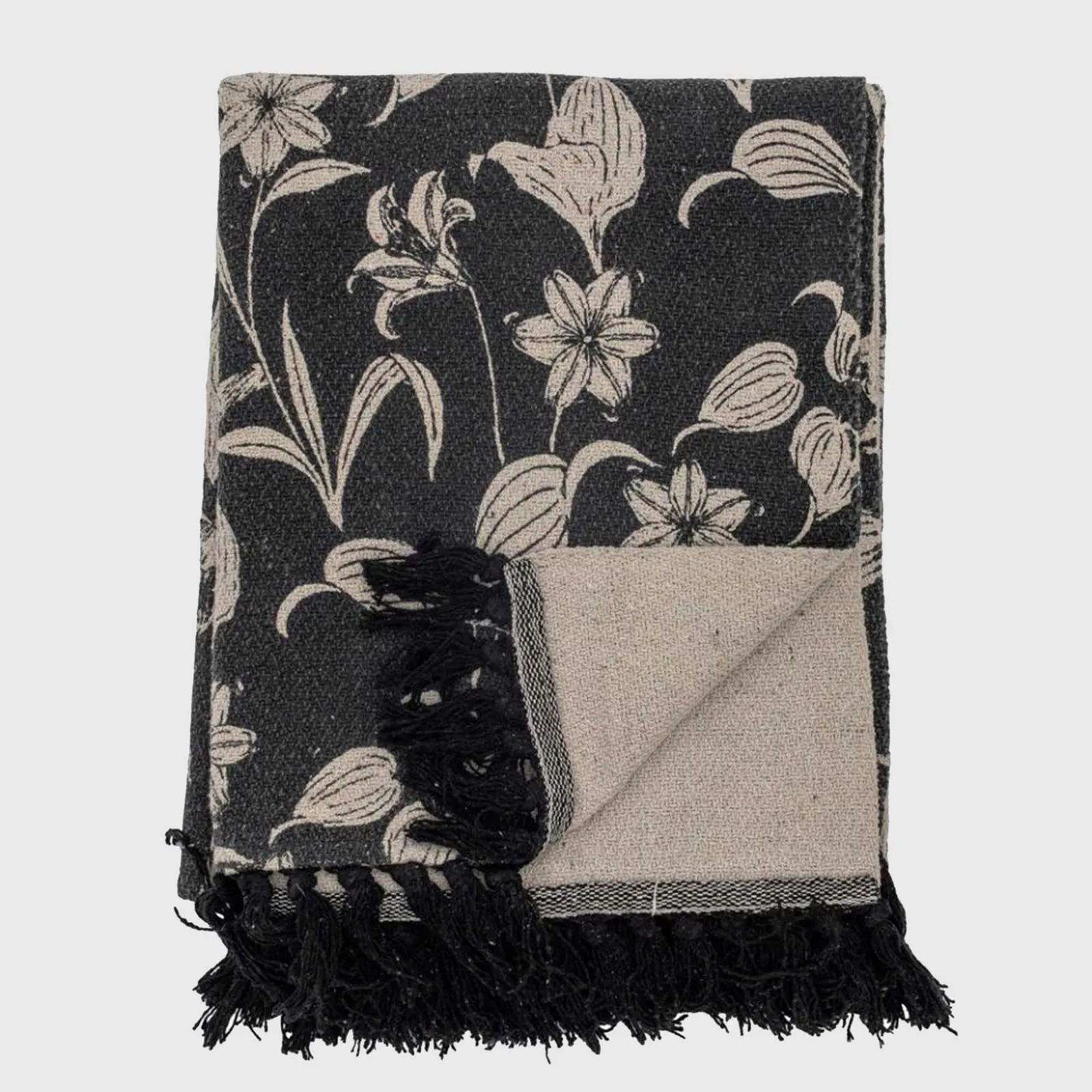 RECYCLED FLORAL FRINGED THROW, Black Cotton Blend | Barker & Stonehouse