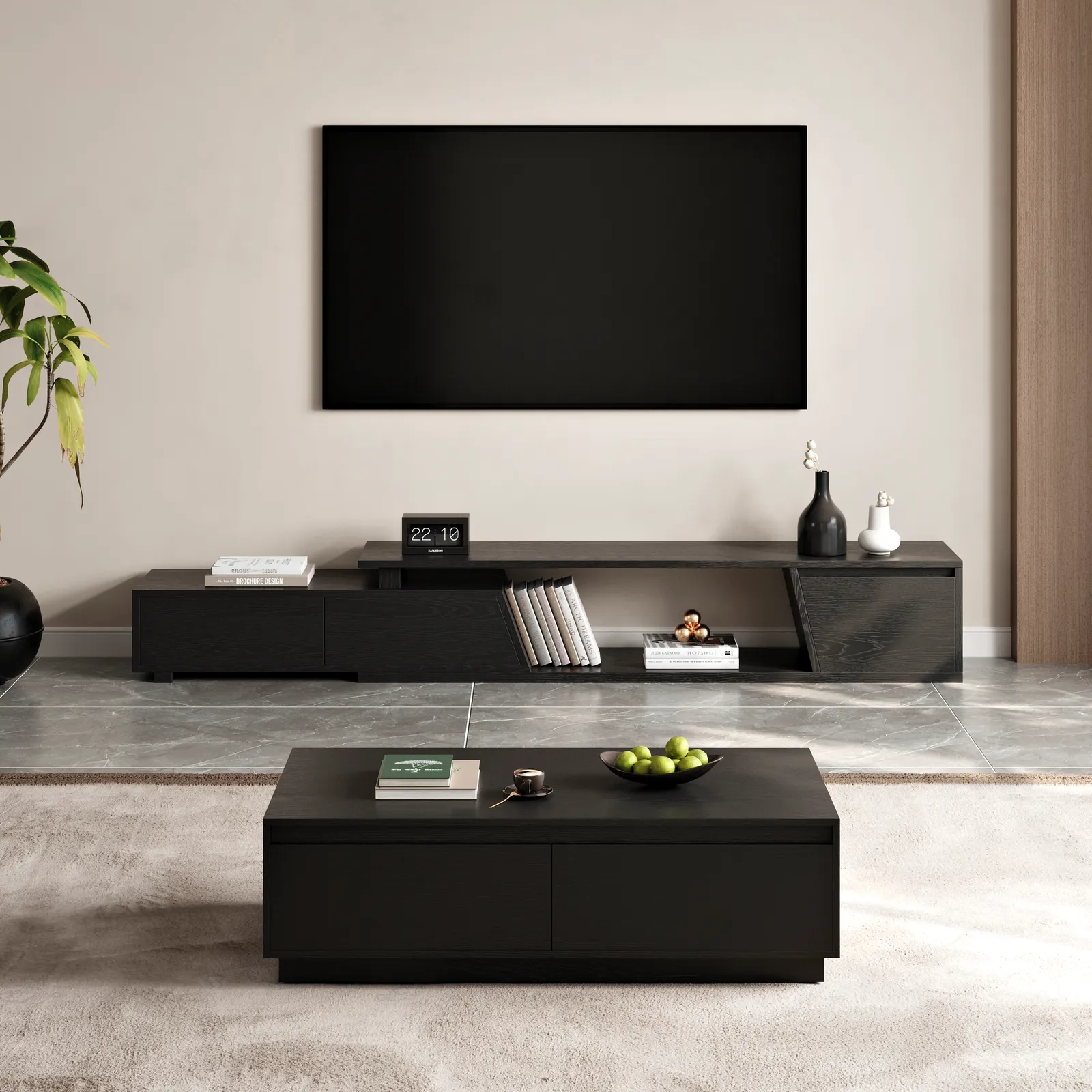 Fero Mid-Century Extendable TV Stand & Block Coffee Table Set