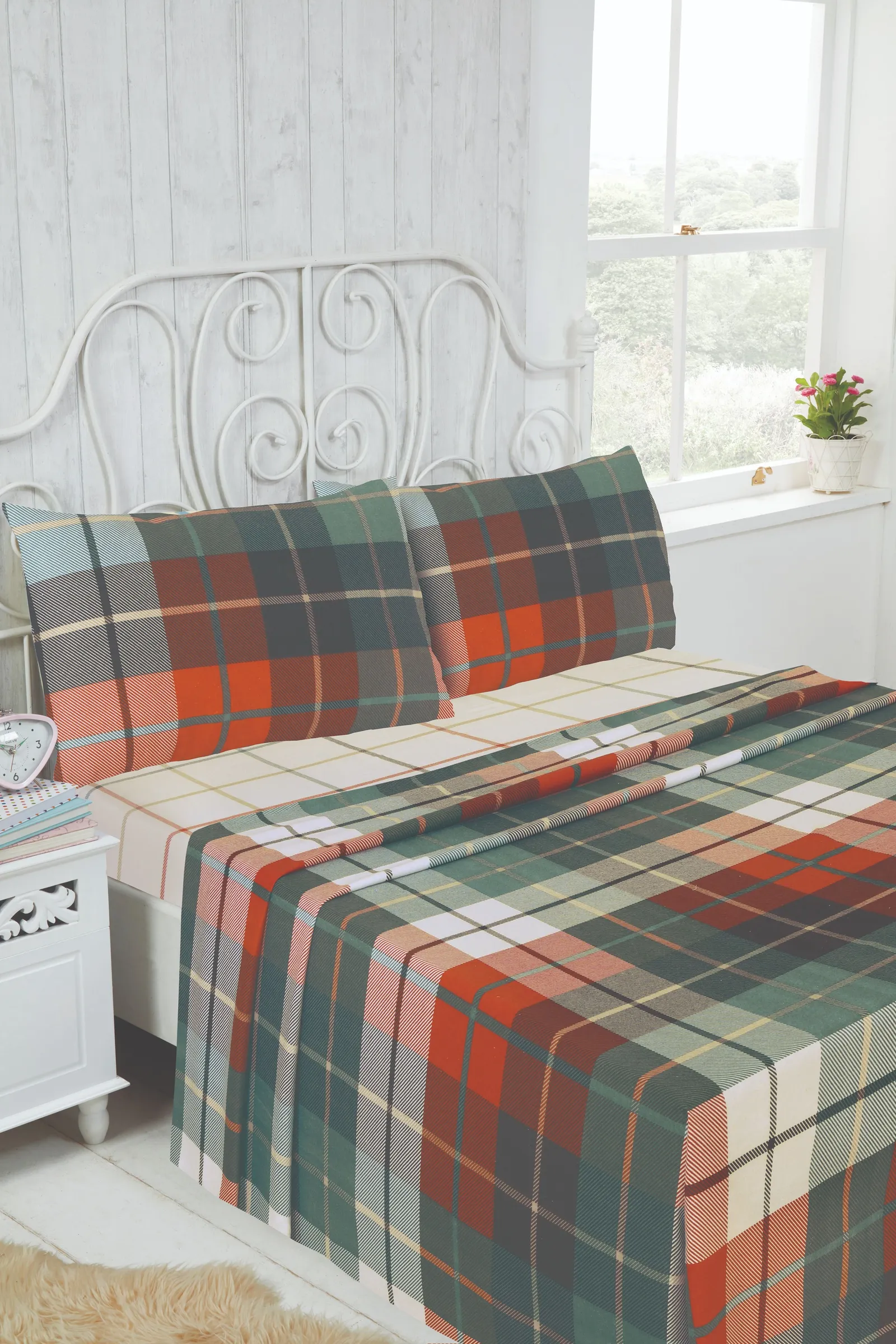 Rapport Home Lomond Brushed Cotton Check Luxury Flannelette Complete Sheet Set in Terracotta 1