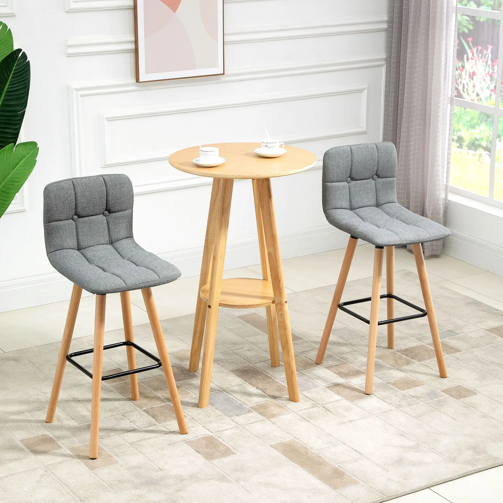 HOMCOM Bar stool Set of 2 Armless Button Tufted Counter Chairs Wood Legs in Grey