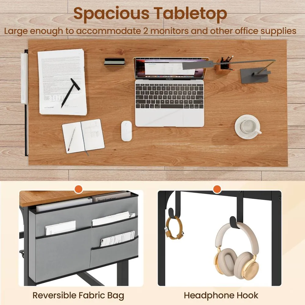 Costway Mobile Computer Desk 120cm Home Office Desk w/ Storage Bag-Teak in Brown 5