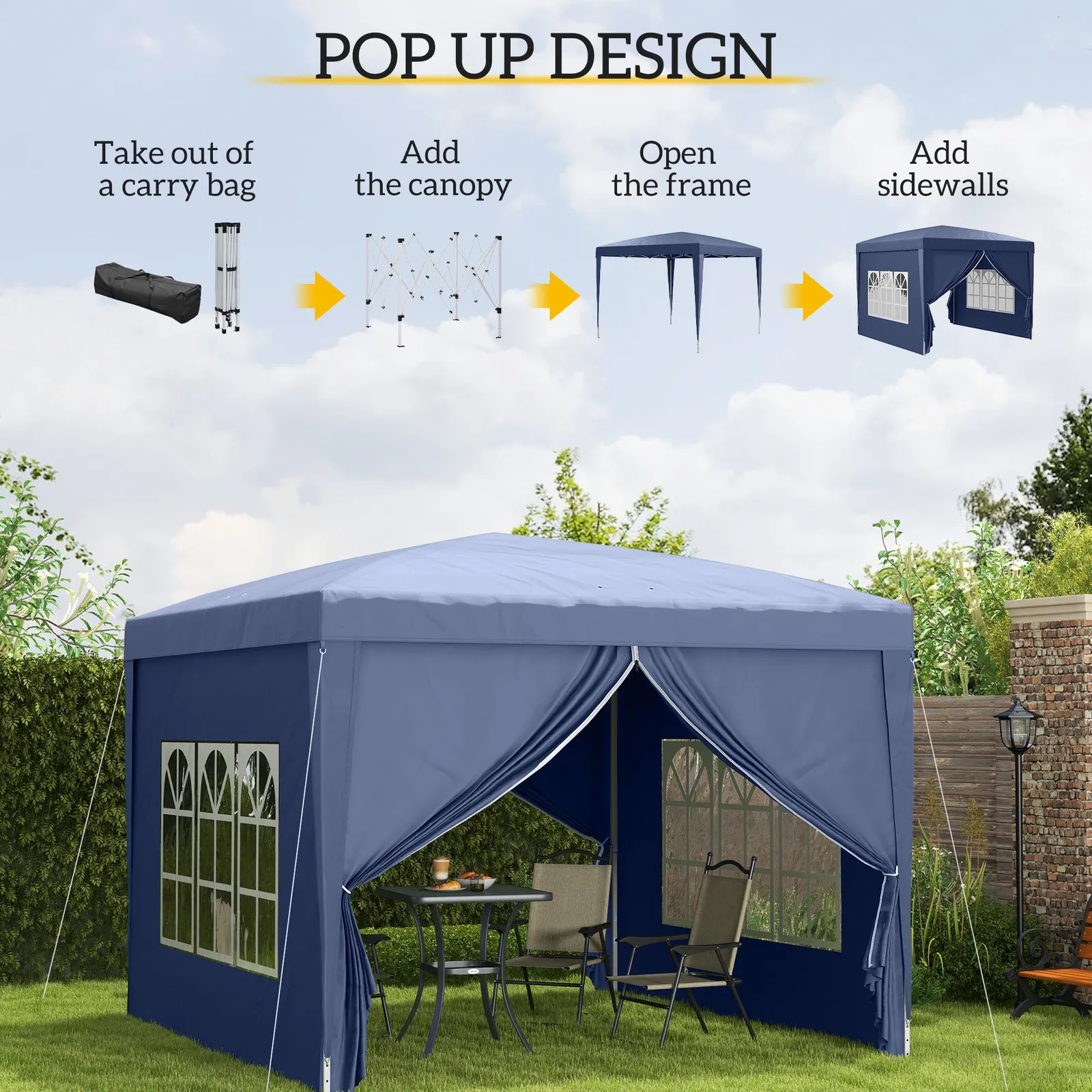 OUTSUNNY 3mx3m Pop Up Gazebo Party Tent Canopy Marquee with Storage Bag in Blue 4