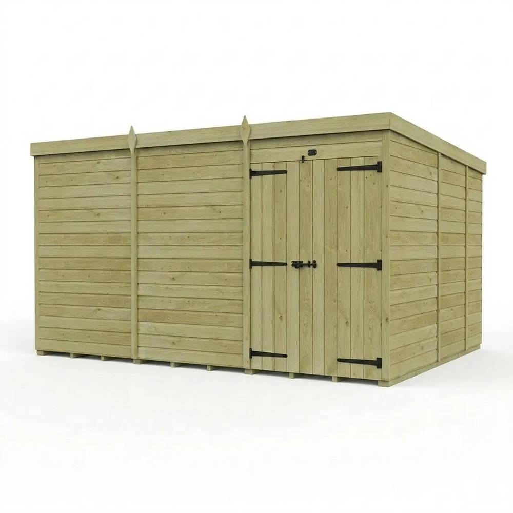Buttercup Farm 12ft x 9ft Pent Garden Shed Double Door No Windows - Timber in Brown