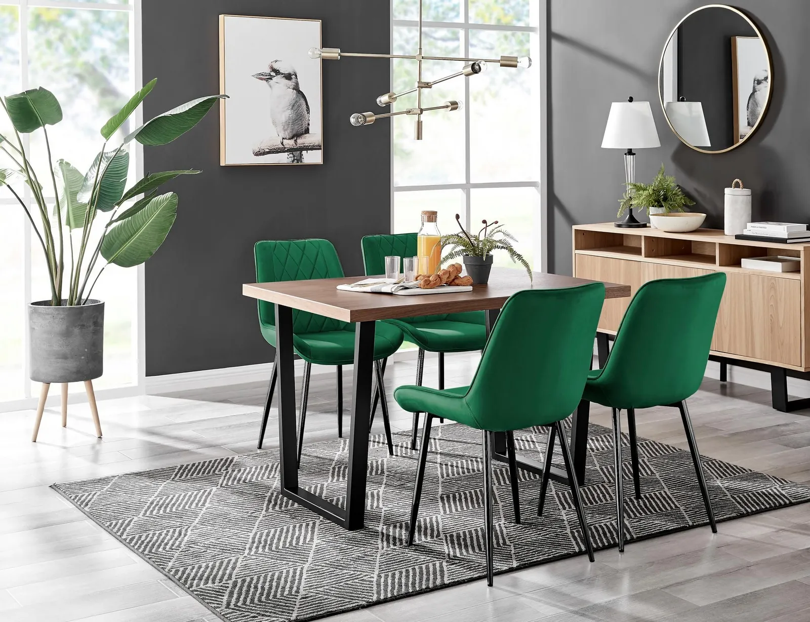 FurnitureboxUK Kylo Brown Wood Effect Dining Table With Black 'U' Legs & 4 Pesaro Velvet Chairs in Green 1