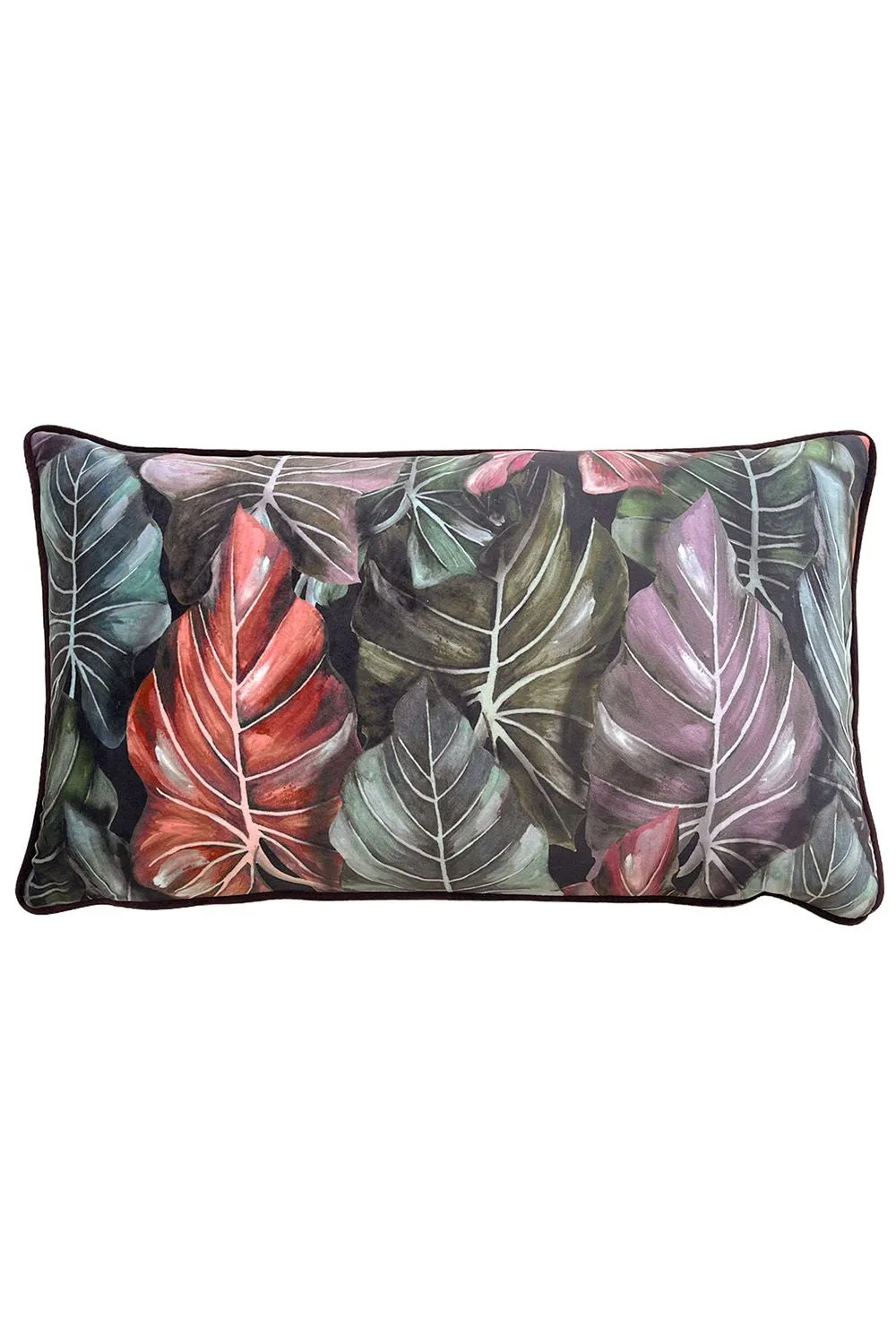 Wylder Tropics Mogori Leafage Printed Velvet Cushion in Aubergine