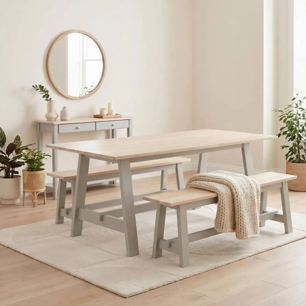 FurnitureboxUK Blakeney Wood Dining Table & 2 Benches in Off-White