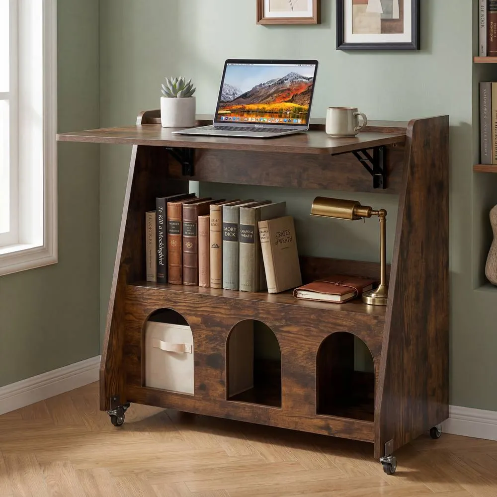 Costway Folding Desk on Wheels Brown Drop Leaf Writing Desk w/ Storage 3