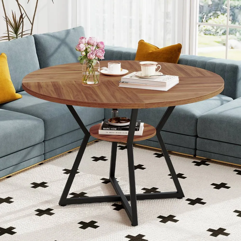 Costway Round Wooden Kitchen Table Dining Table w/ Storage Shlef in Brown 6