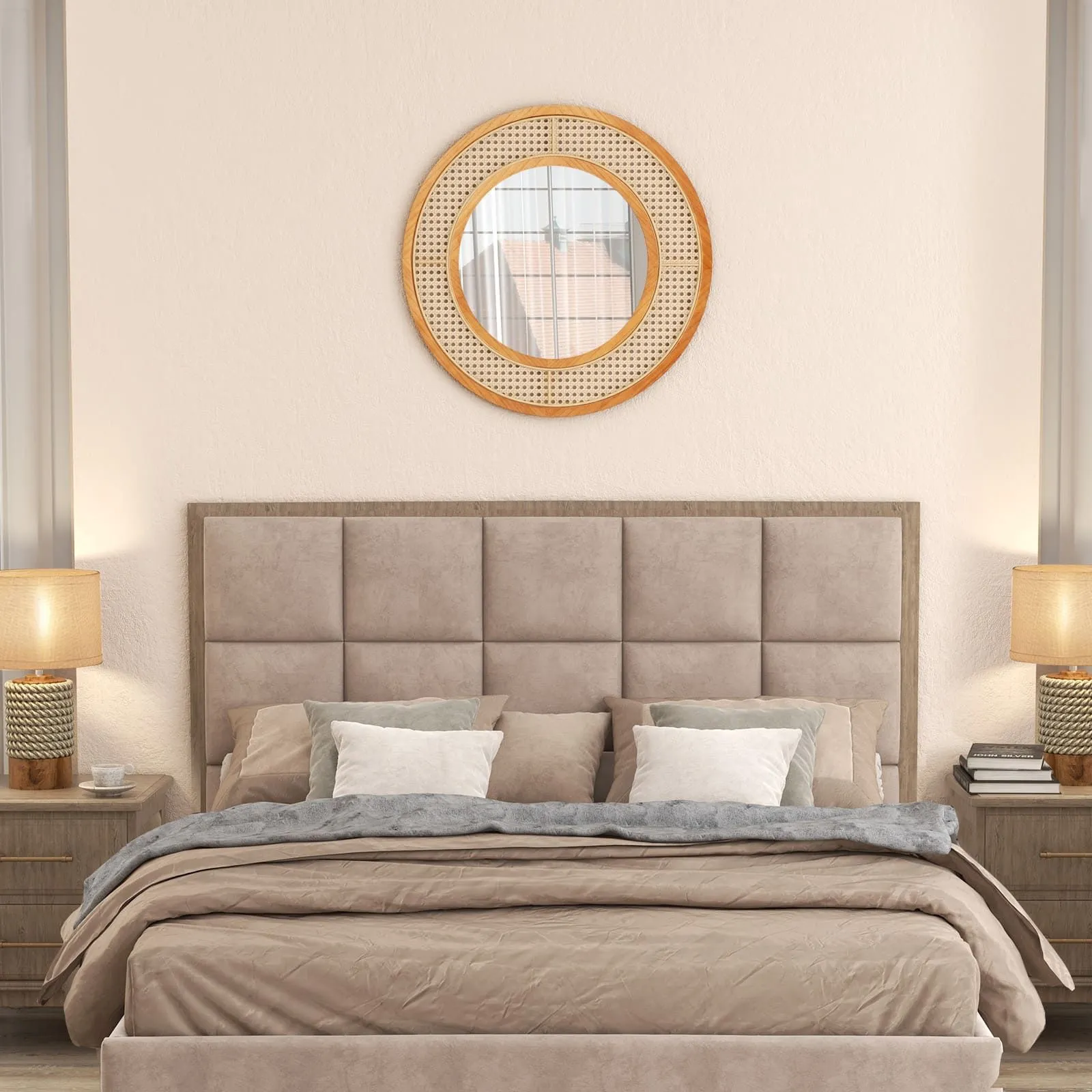 Costway Rattan Round Wall Mirror 65 cm Wooden Framed Mirror in Natural 3