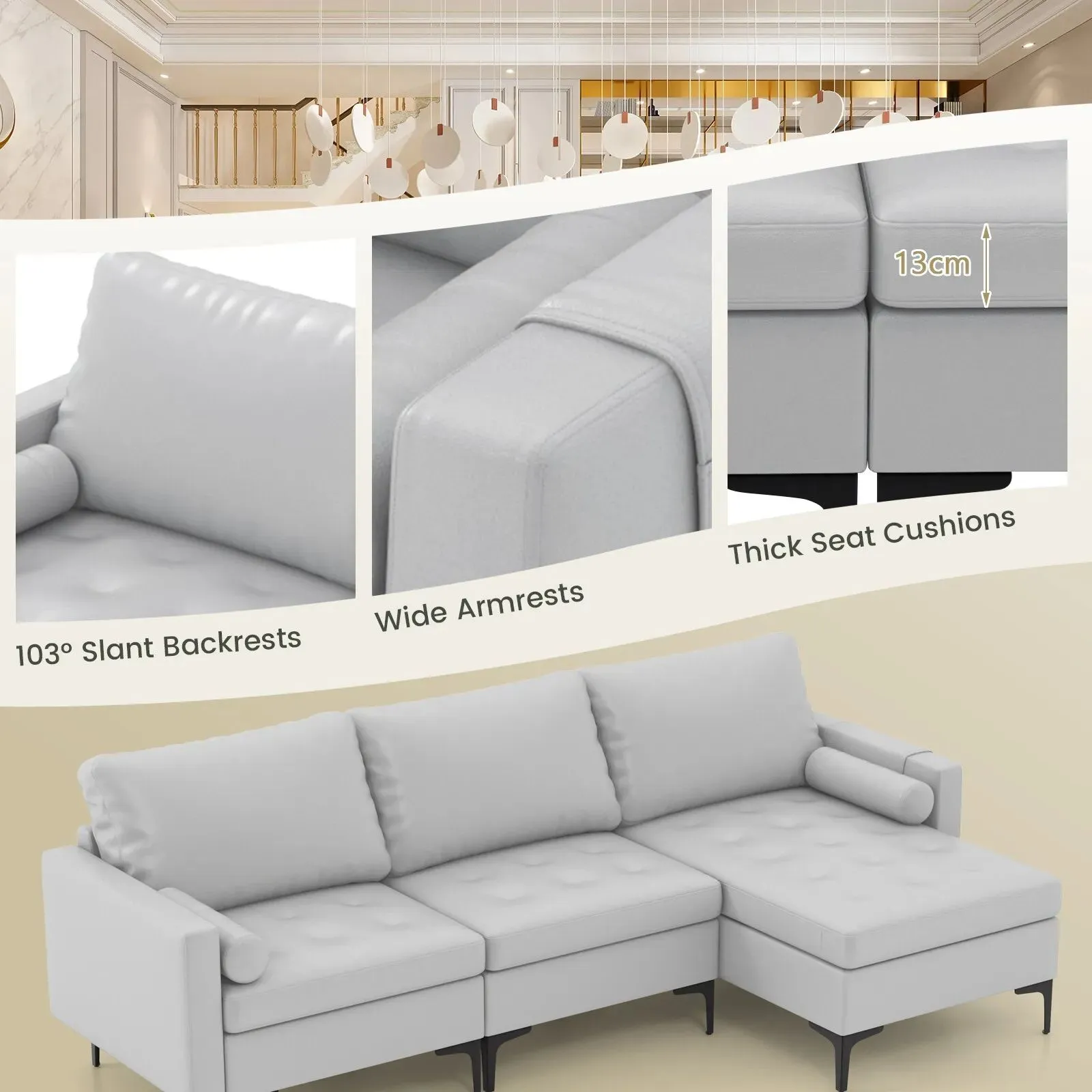 Costway Modular Sectional Sofa Loveseat 2-3-Seater Sofa Seat L-Shaped Padded Cushions in Grey 6