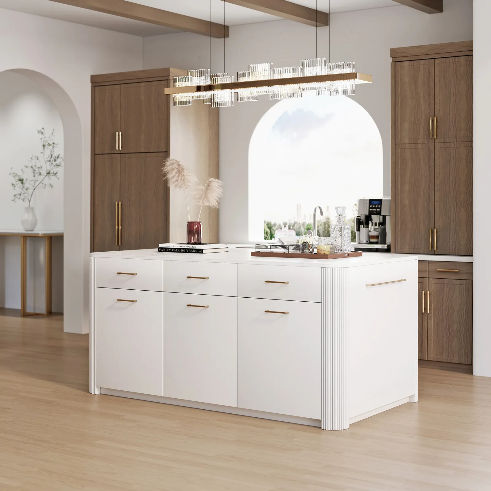 180 cm Modern Glossy Sintered Stone Kitchen Island with Adjustable Storage & Towel Rack