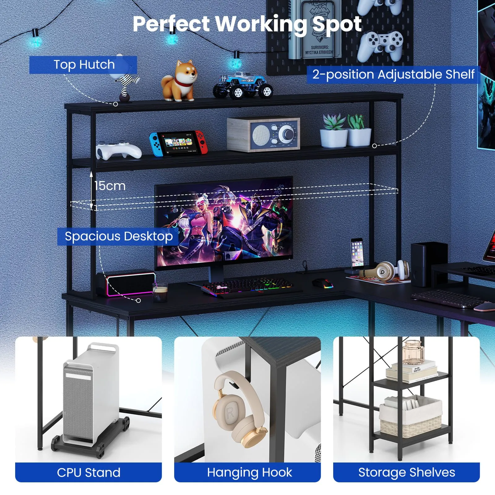 Costway L-Shaped Gaming Desk Reversible Corner Computer Desk w/LED Strip in Black 4