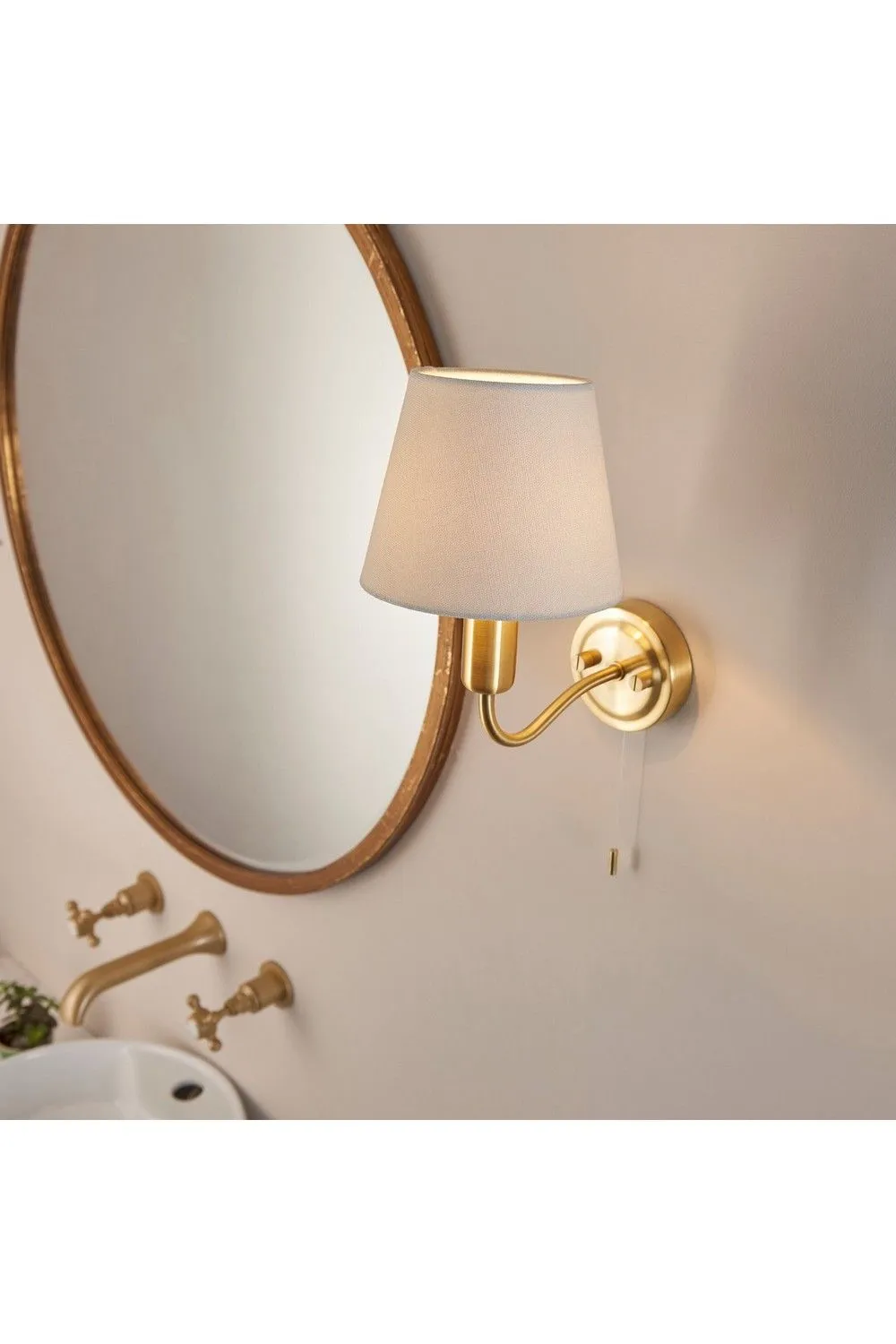 Netlighting Conway Classic Wall Lamp Satin Brass with Ivory Tapered Shade & Pull Cord Switch IP44 in Gold 4