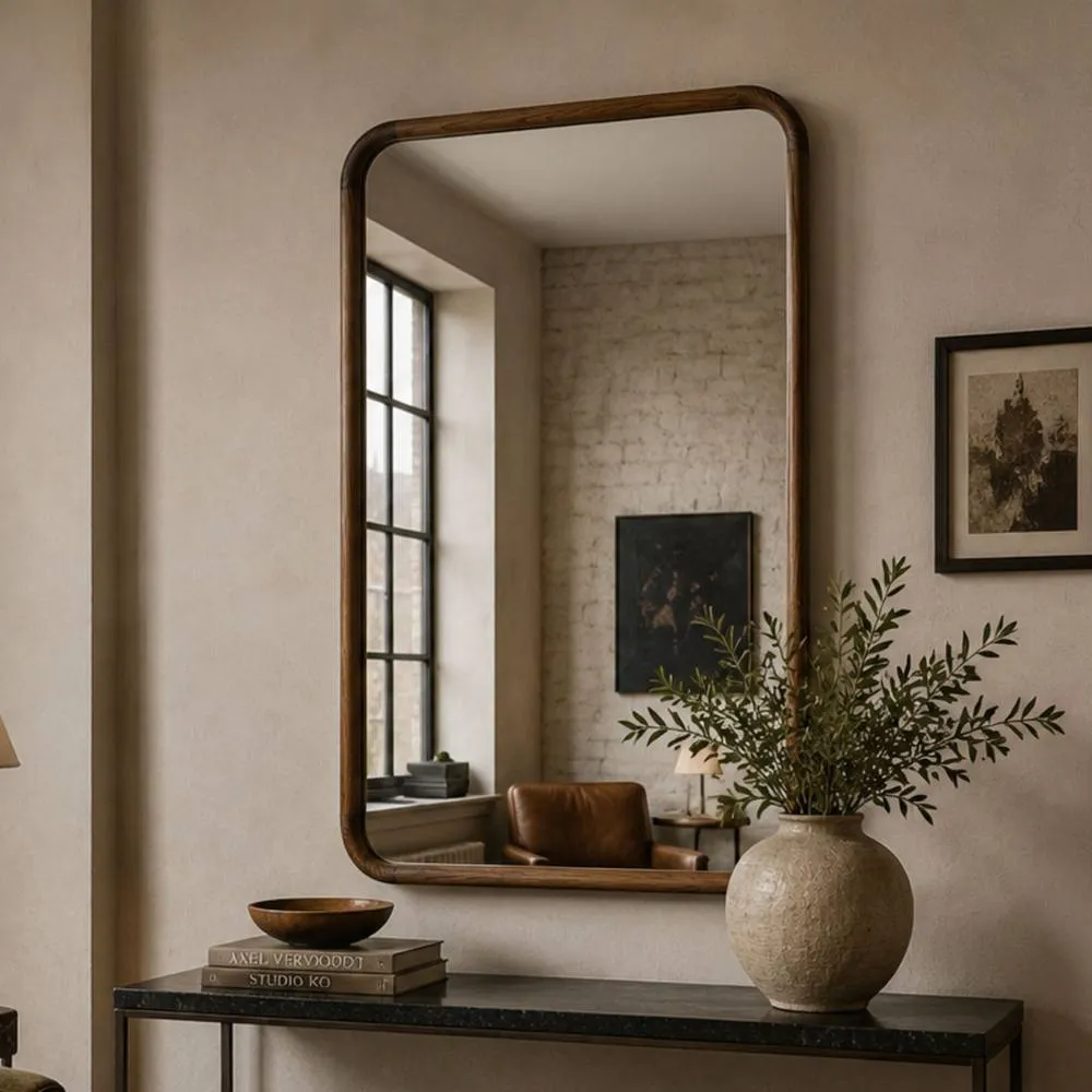 Yearn Mirrors Solid Oak Curved Warm Wood Wall Mirror in Walnut 2