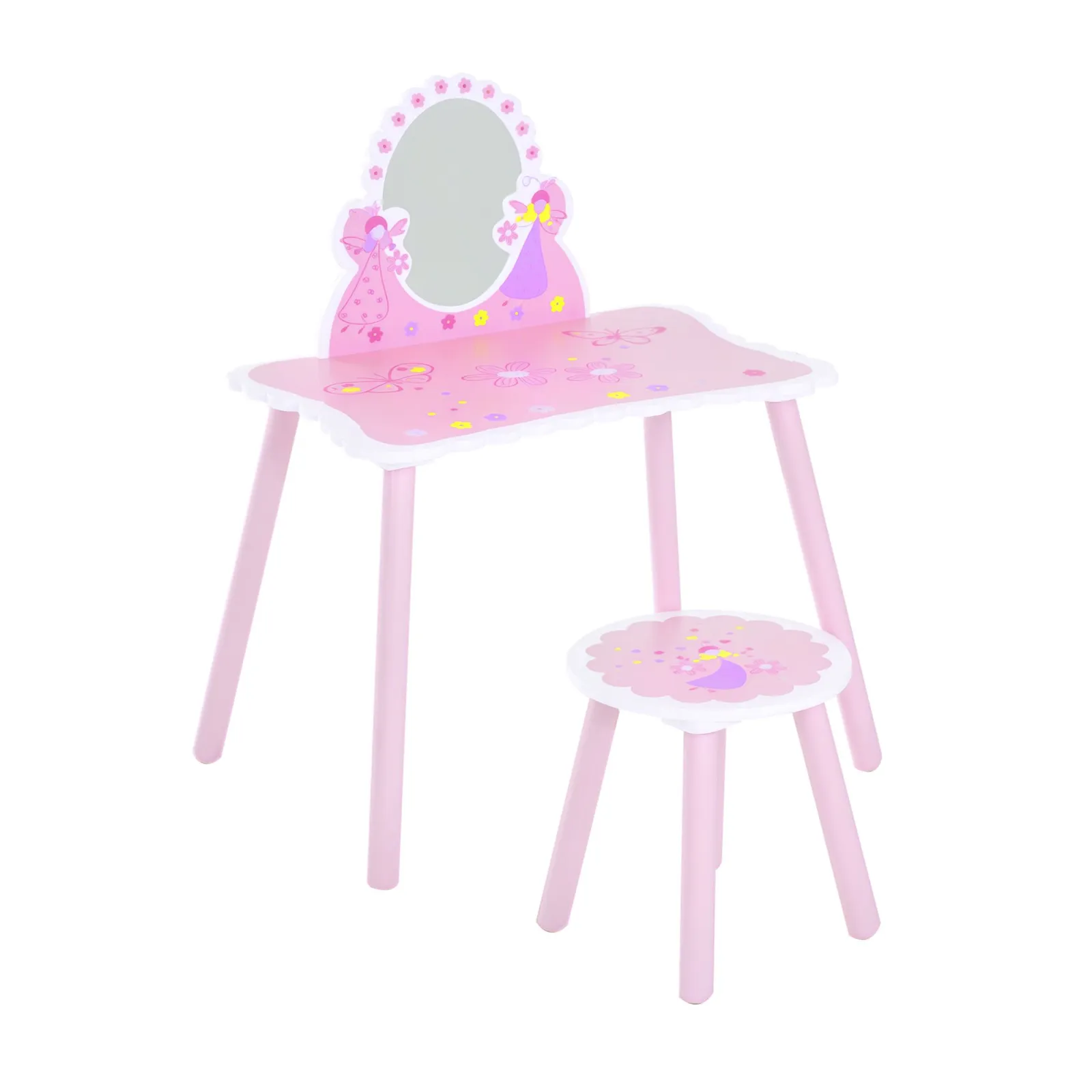 HOMCOM Make Up Play Set Desk Chair Mirror Girls Pink Dressing Table with stool MDF Pink 2