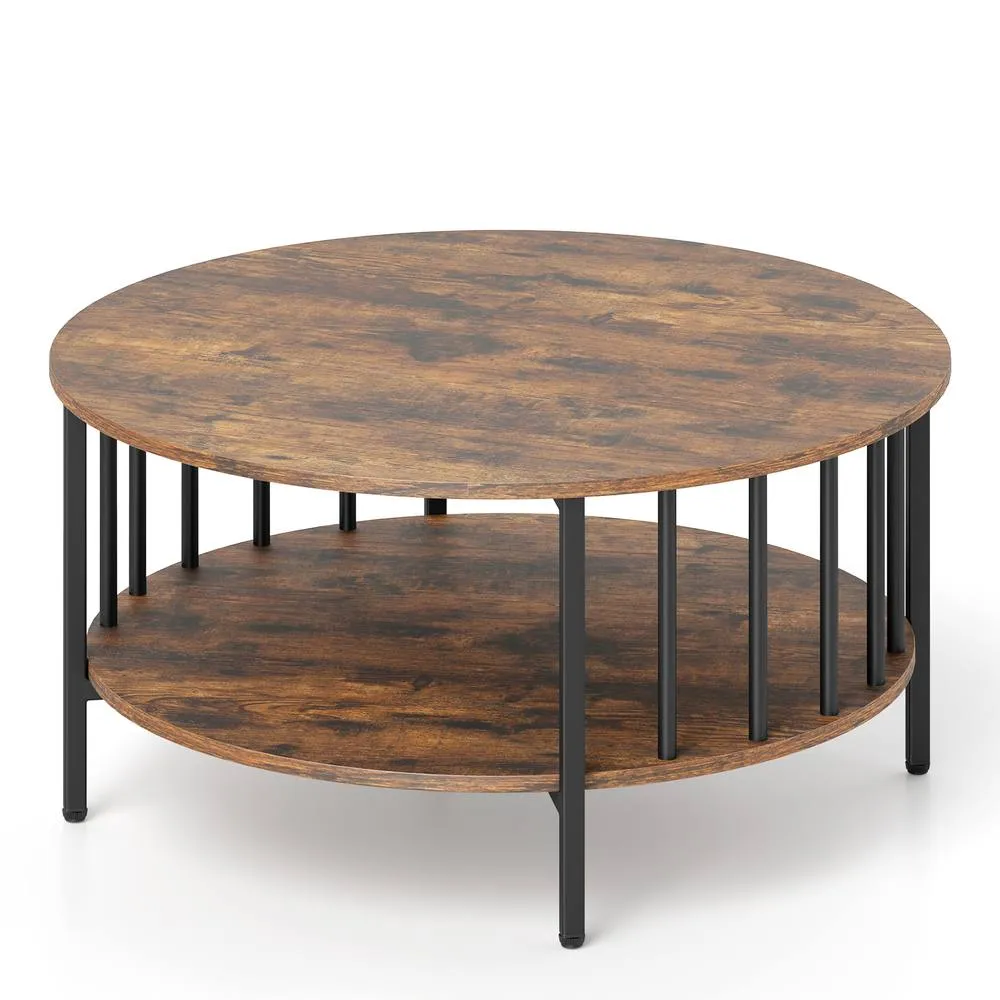 Costway Round Coffee Table 2-Tier Table w/ Open Shelf Cocktail Table in Brown