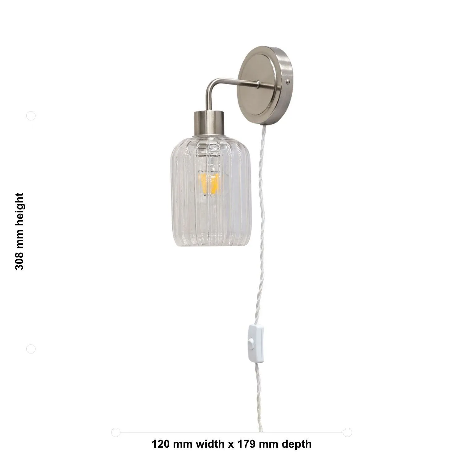 First Choice Lighting Toby - Satin Nickel Plug in Wall Light with Lozenge Ribbed Glass Shade in Silver 5