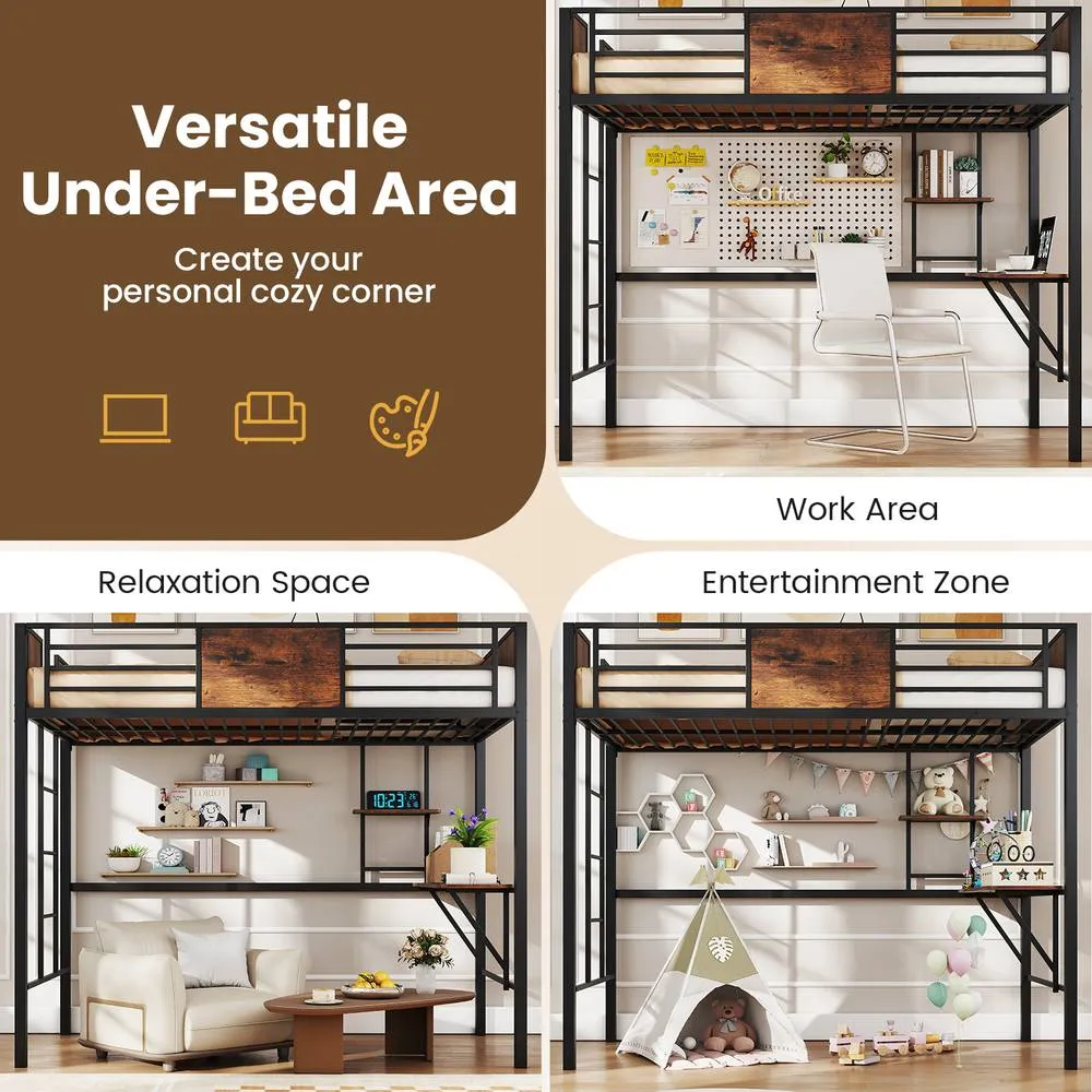 Costway Loft Bed Single Size w/ Desk & Shelf Metal Bedframe w/Safety Guardrail in Brown 6