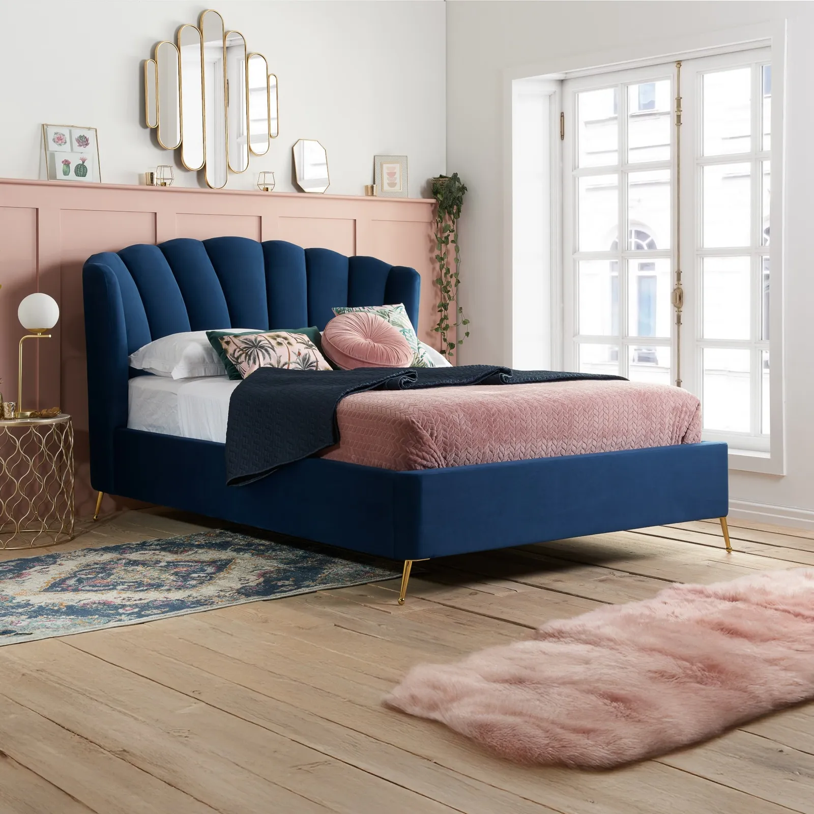 Lottie - Double - Ottoman Bed Frame - Blue - Velvet - 4FT6 - Happy Beds 1