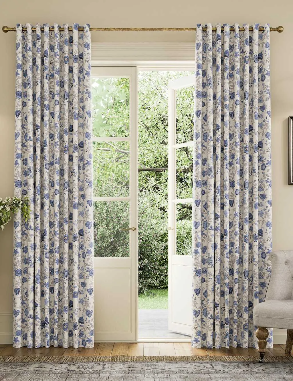Joules Indienne Pure Cotton Eyelet Blackout Curtains Blue Mix