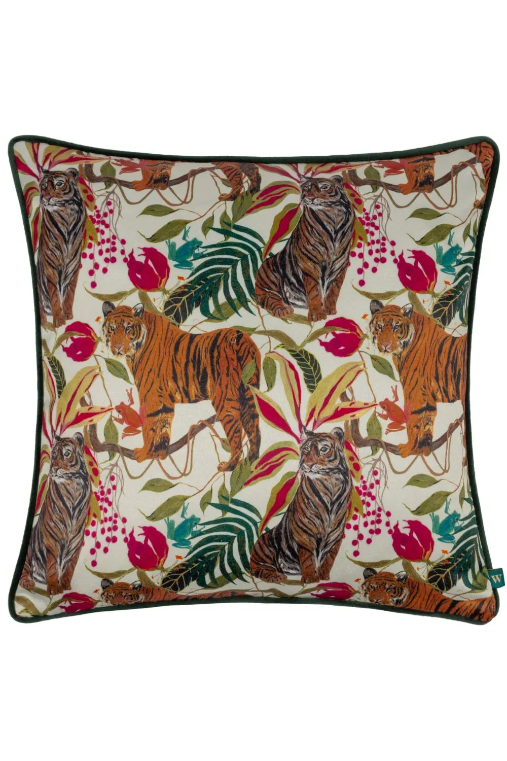 Wylder Tropics Kali Jungle Tigers Piped Satin Feel Polyester Filled Cushion in Ivory