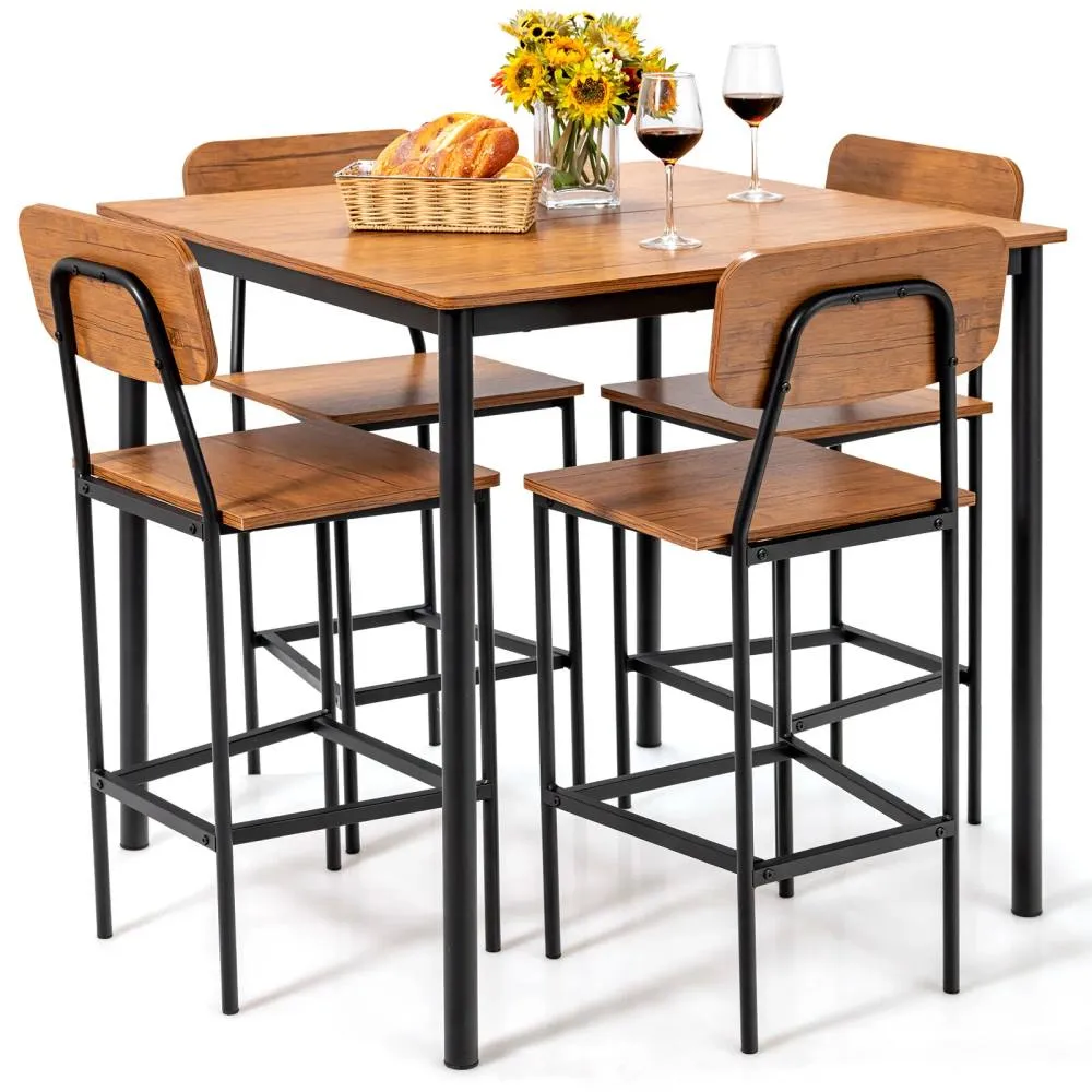 Costway 5PCS Industrial Dining Table Set Kitchen Bar Counter Height Table & 4 Stools in Brown