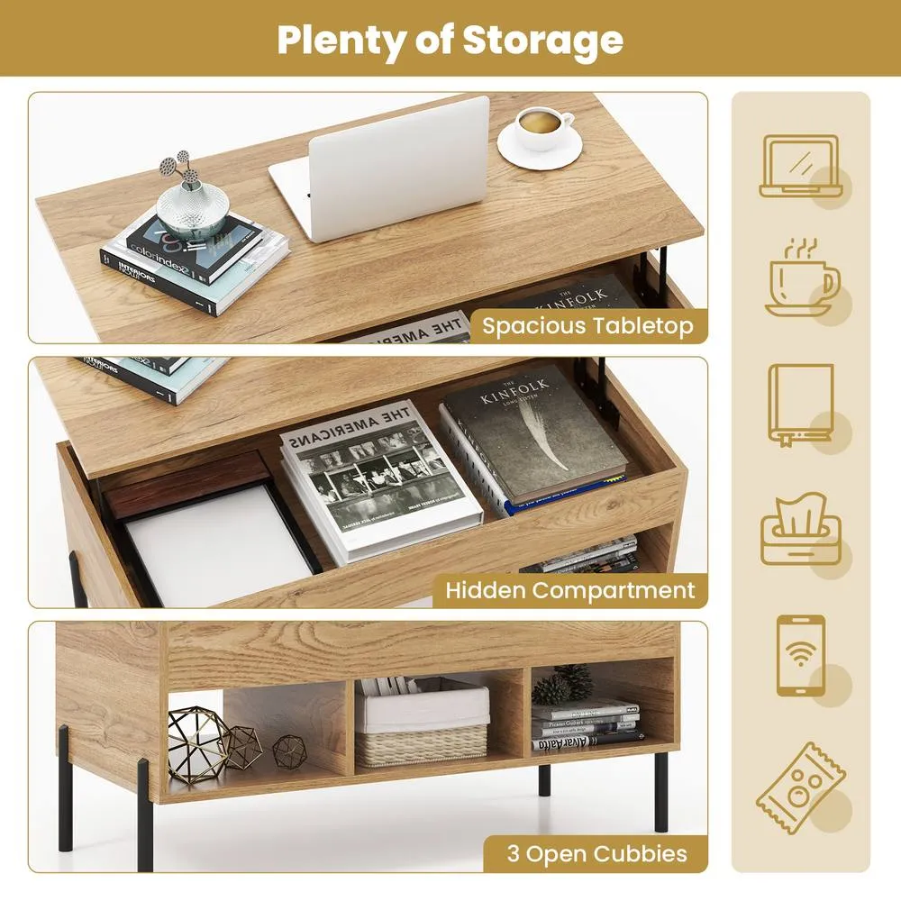 Costway LiftTop Coffee Table Living Room Central Table w/Lifting Tabletop Cocktail Table in Natural 4