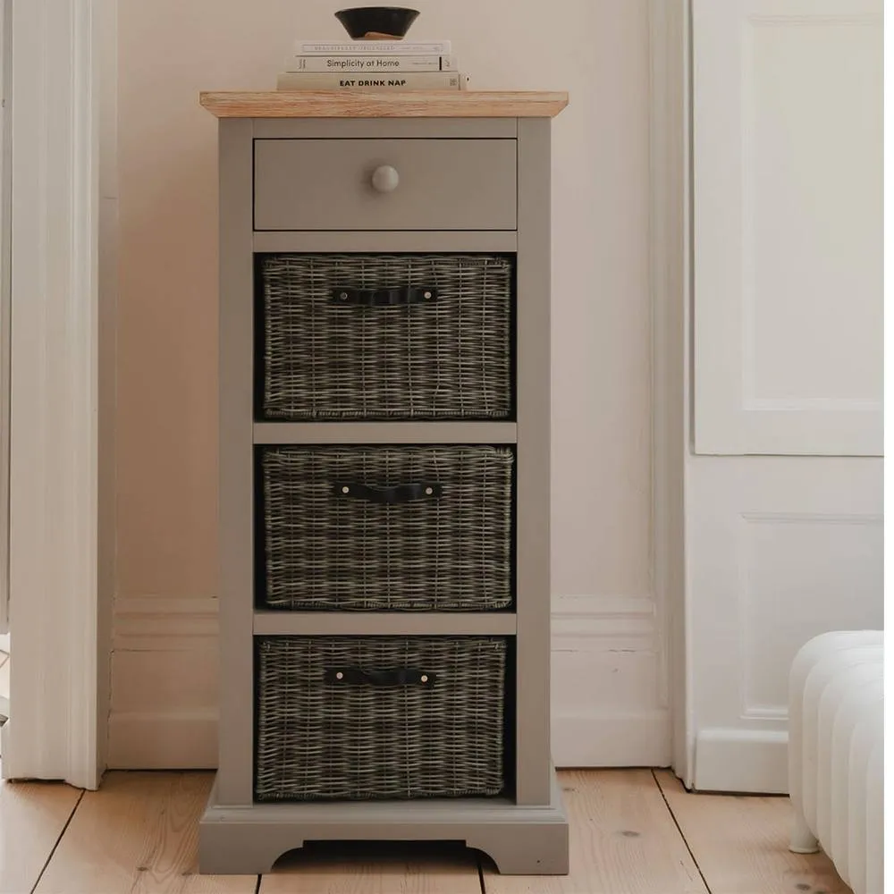 Statement Furniture Florence Tallboy with Drawer & 3 Storage Baskets in Light Grey 2
