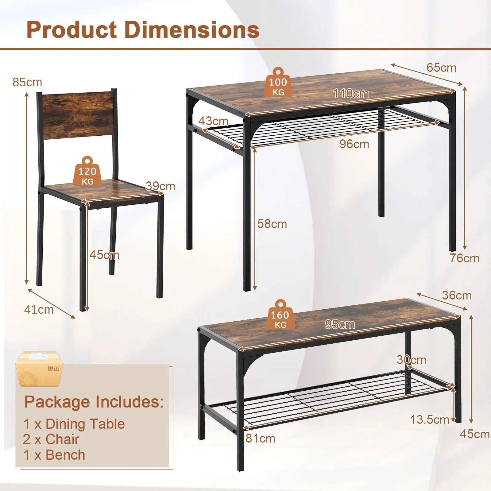 Costway 4PCS Dining Table Set for 4 Industrial Rectangular Kitchen Table with Chairs & Bench Metal Frame in Brown 6