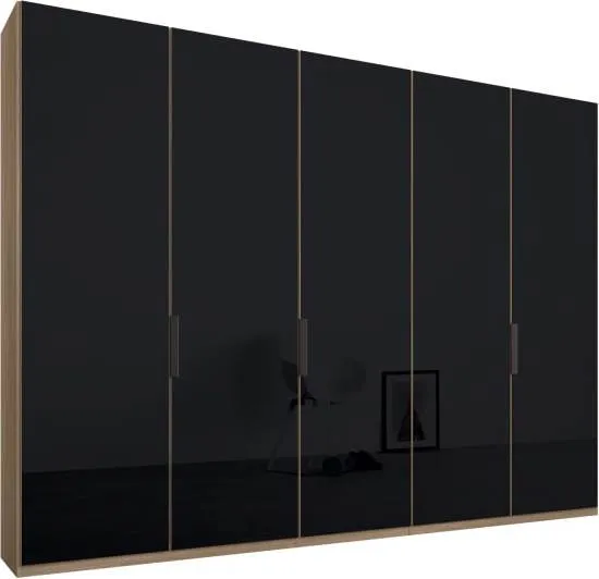 Caren 5 door  250cm Hinged Wardrobe, Oak Frame, Basalt Grey Glass Doors, Premium Interior