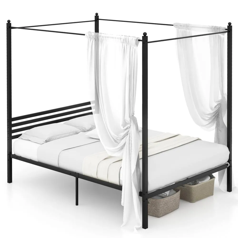 Costway Double Size Canopy Bed Frame 200x140cm Metal Platform Bed w/ Headboard in Black