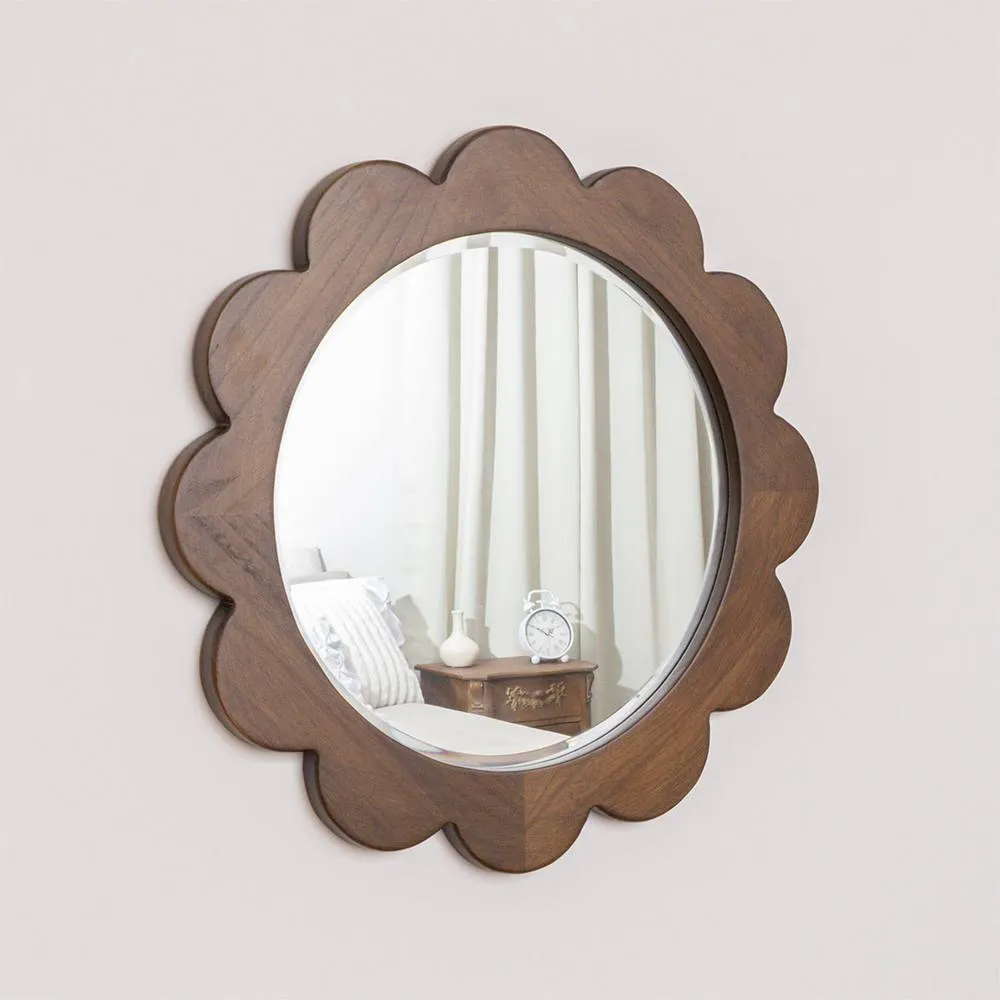 Melody Maison Dark Wood Scalloped Edge Bevelled Wall Mirror - 70cm in Brown