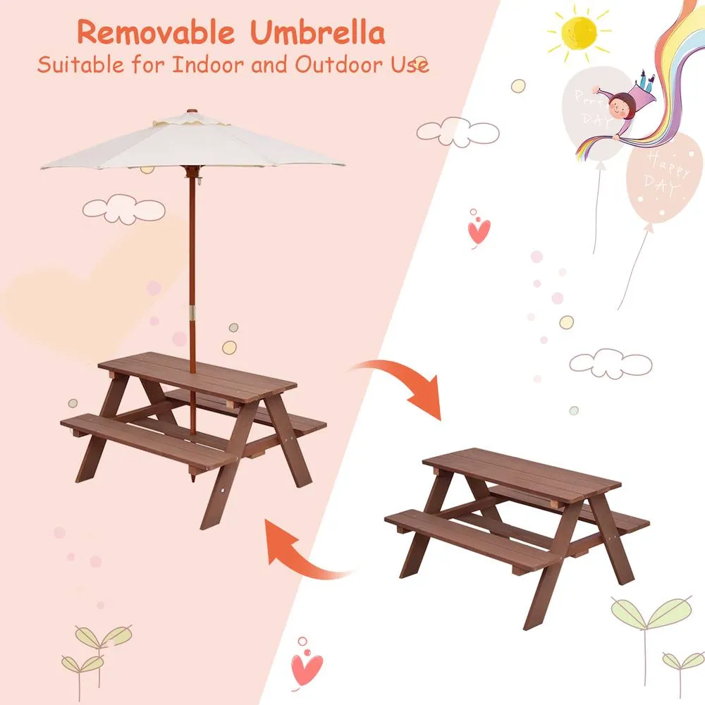Costway 3 in 1 Picnic Table Outdoor Activity Table w/ Removable Umbrella in Brown 2