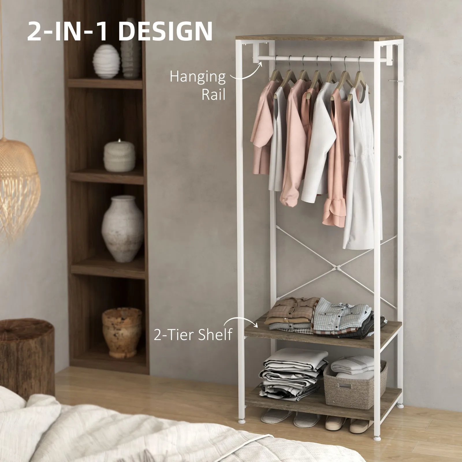 HOMCOM Coat Rack, 2-in-1 Clothes Stand w/ Shoe Storage, 168cm Free Standing Hall Tree w/ Hanging Rail & 2 Storage Shelves for Hallway, Entryway 4