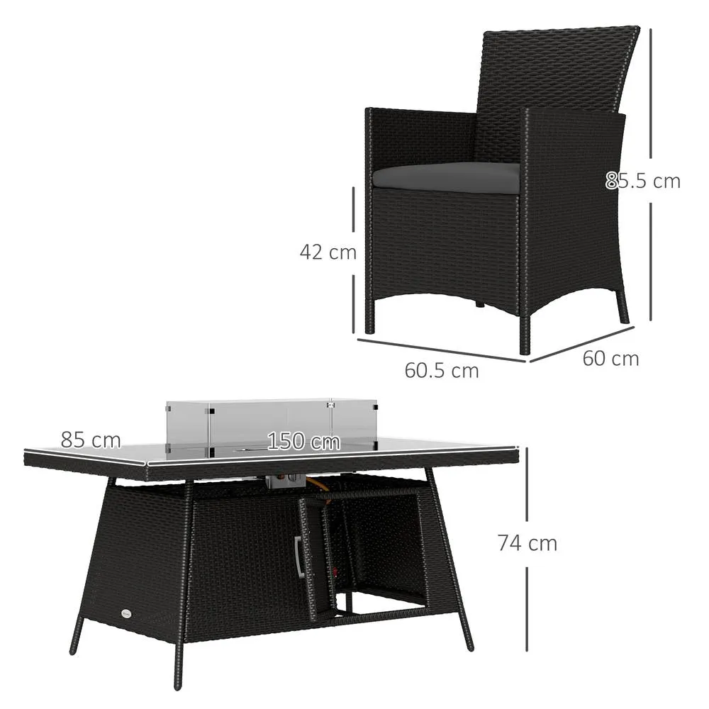 OUTSUNNY Rattan Dining Set with Fire Pit Table & Armchairs, Black 3