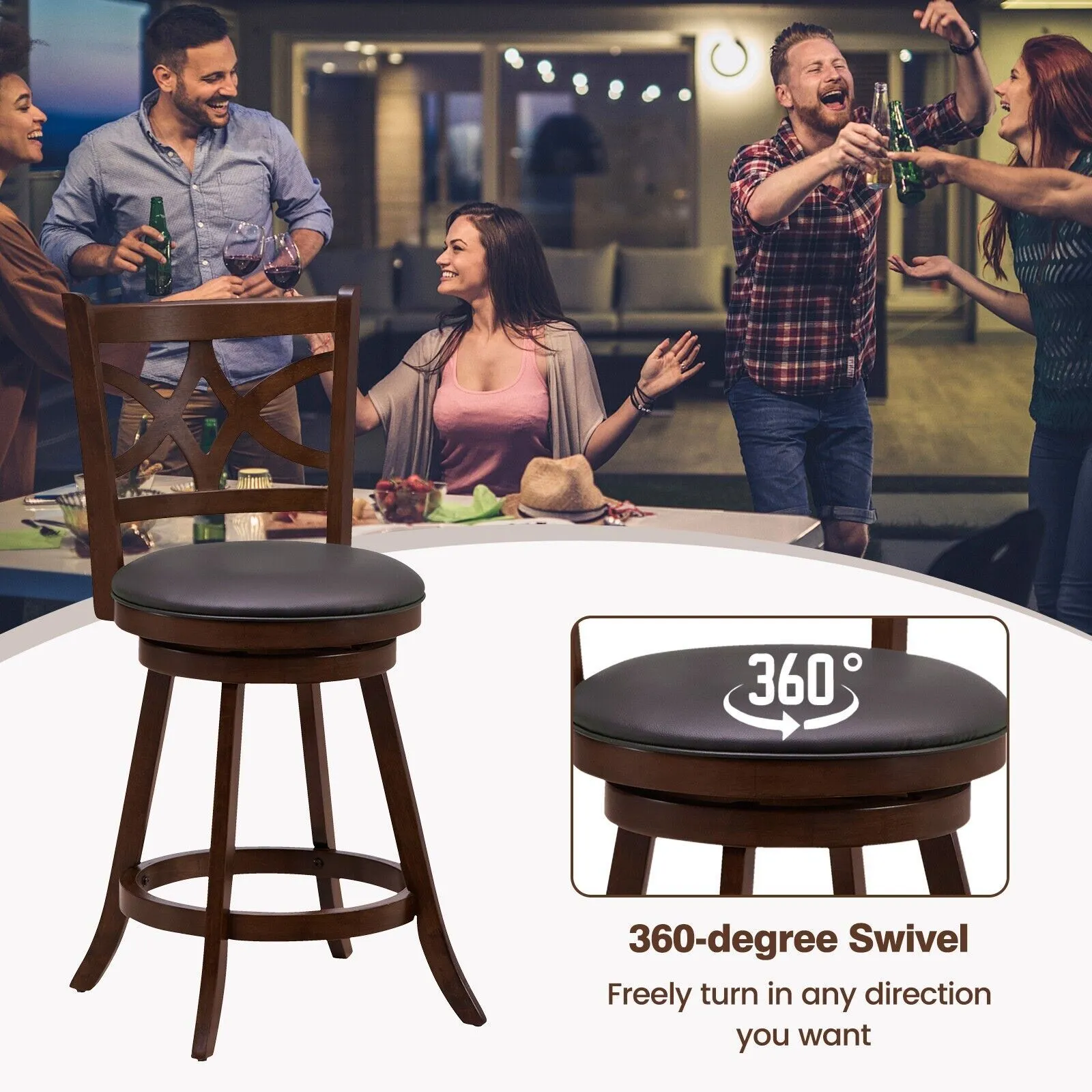 Costway Set of 2 Bar Stools Counter Height Chair Pub 360 Swiveling Upholstered Seat 24" in Brown 5