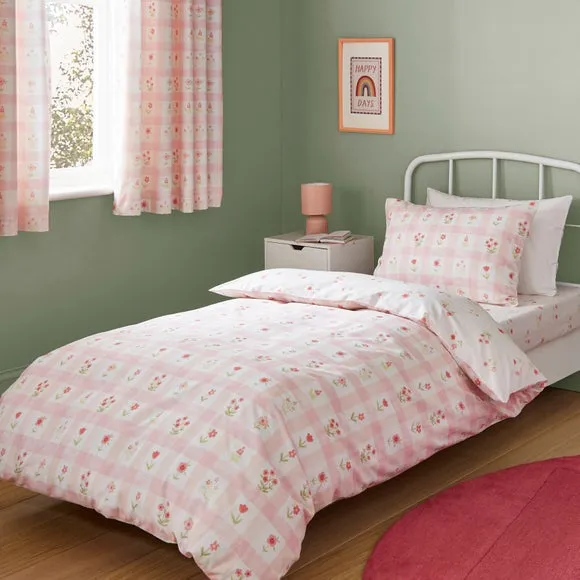 Floral Gingham Polycotton Duvet Cover & Pillowcase Set