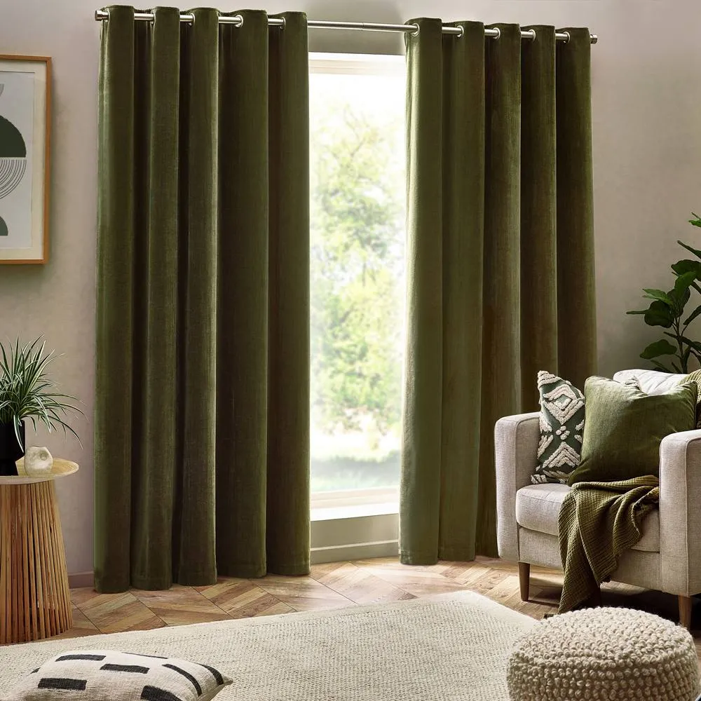 Yard Heavy Chenille Blackout Eyelet Curtain Pair in Olive 2