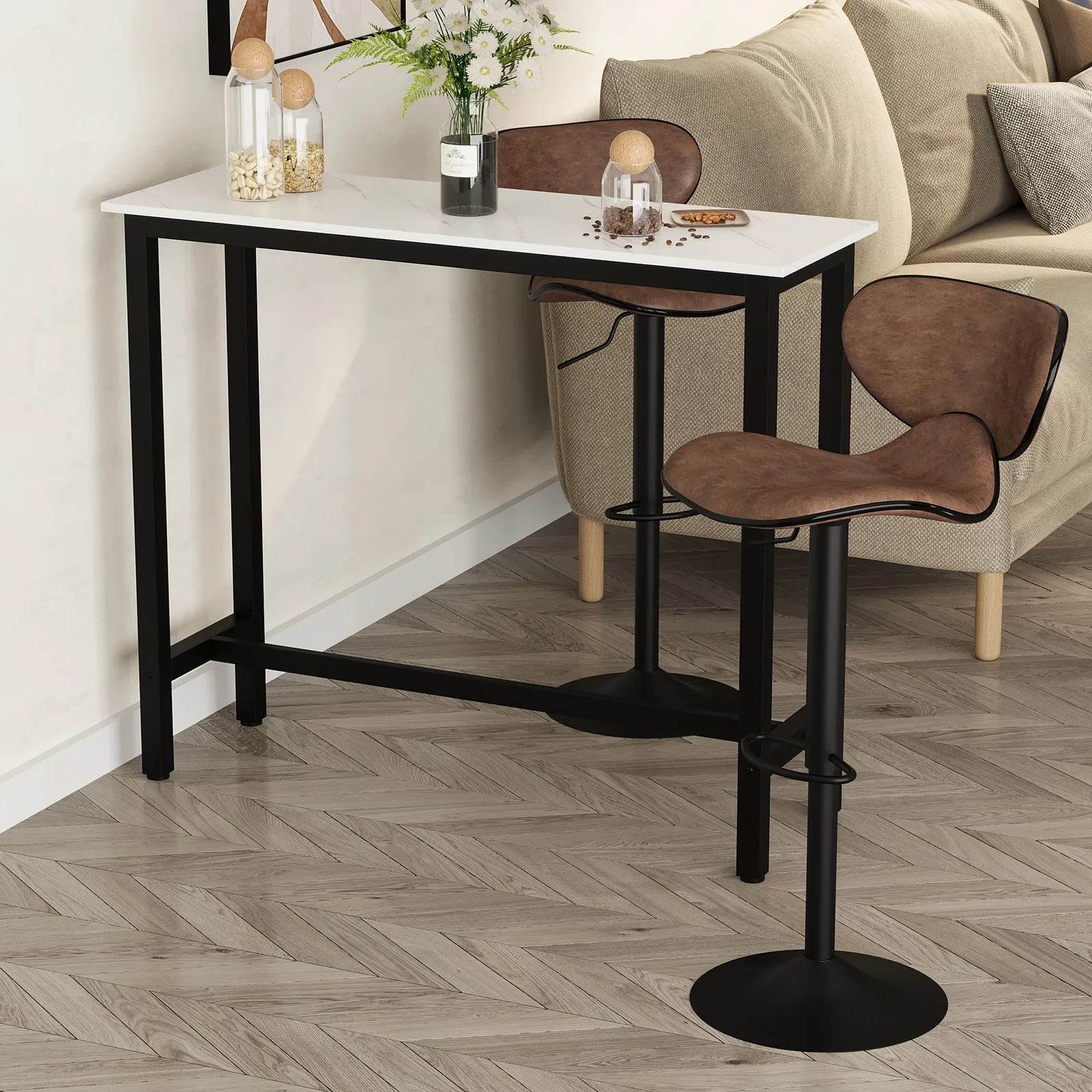 HOMCOM Bar Table Coffee Table with Adjustable Footpads for Breakfast Dining in White