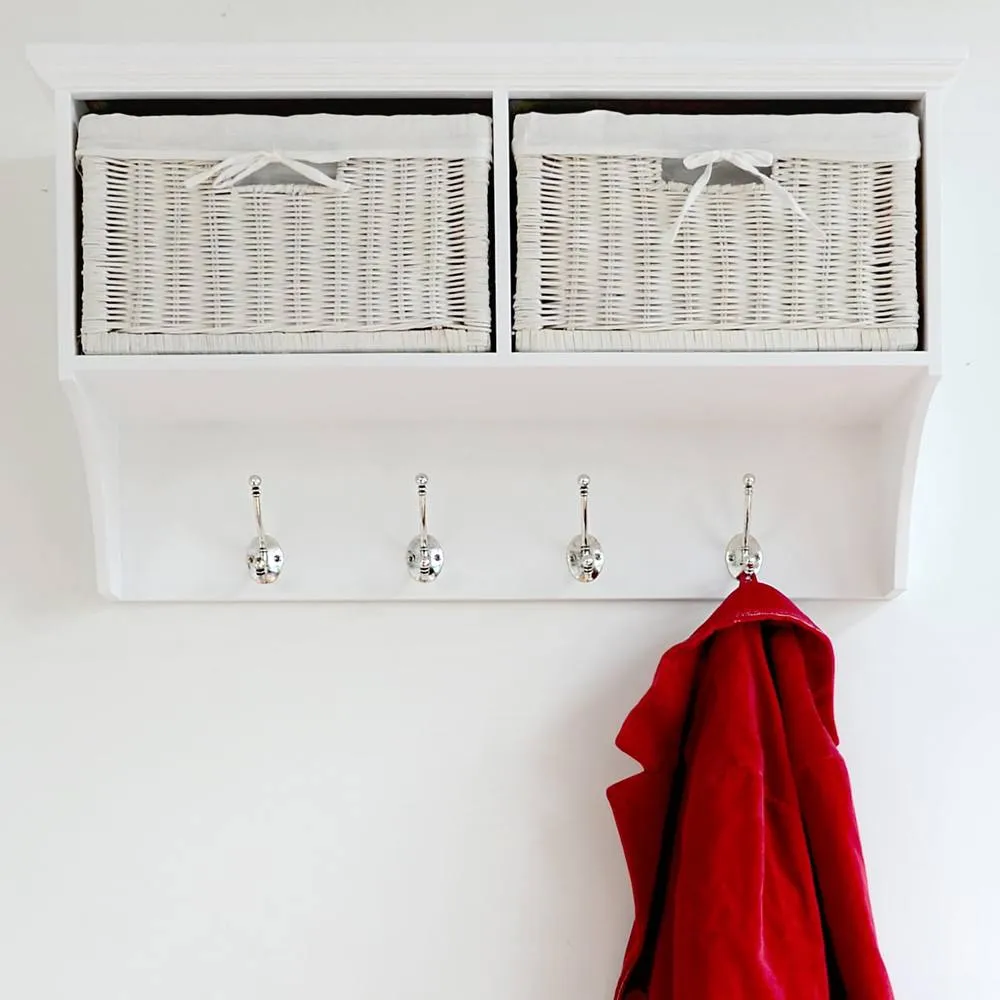Statement Furniture Tetbury Small Hallway Coat Rack / Shelf with Wicker Storage Baskets in White 3