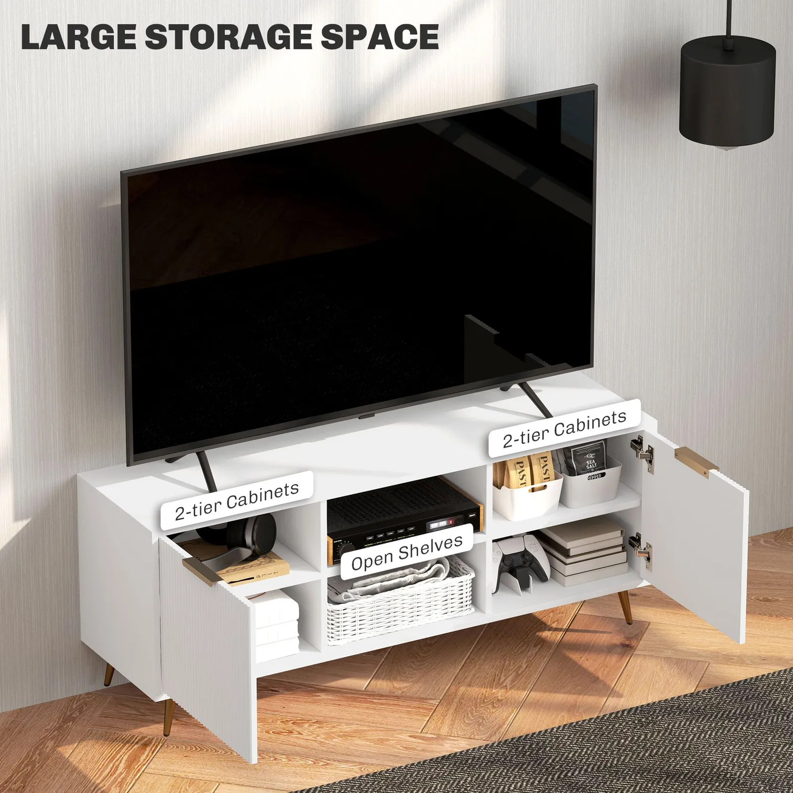 HOMCOM Modern TV Stand Cabinet with Storage for Living Room, White 6