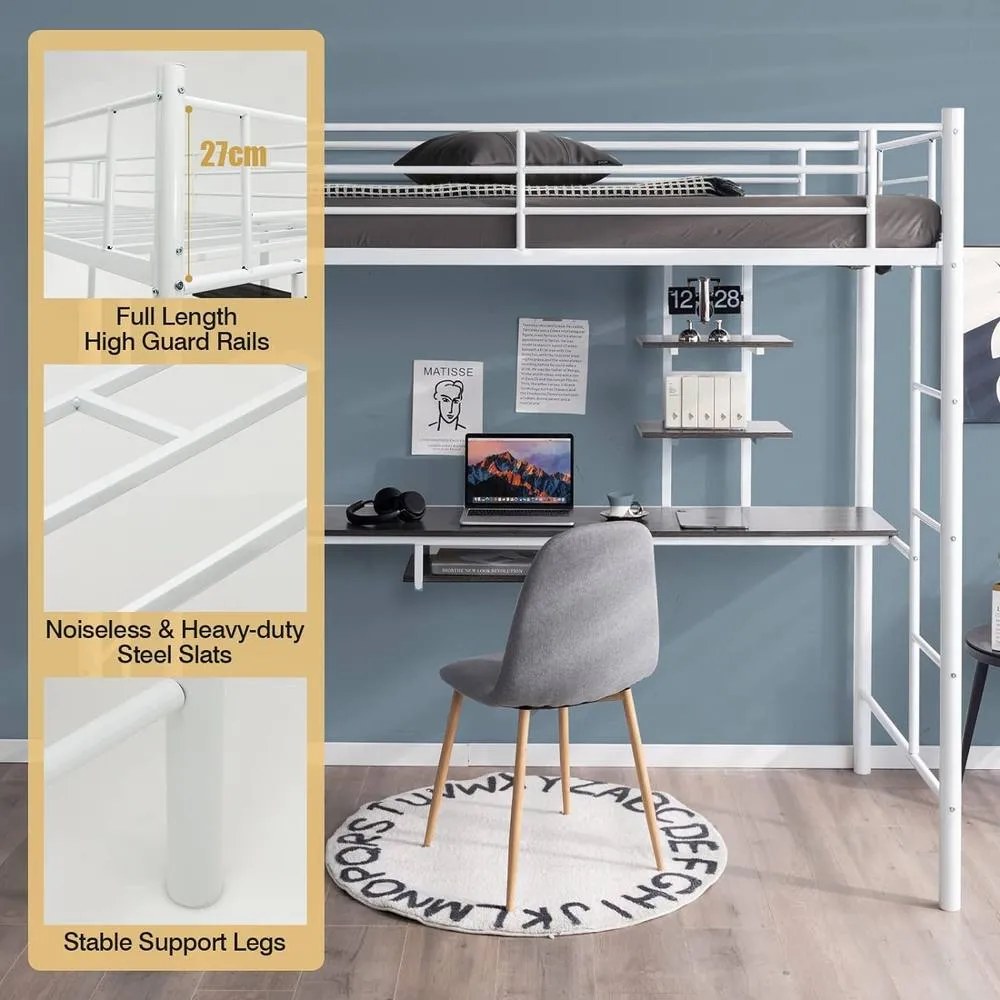 Costway 3.5FT Single Metal Loft Bed Frame High Sleeper Bunk Bed W/ Desk Storage Shelves in White 4