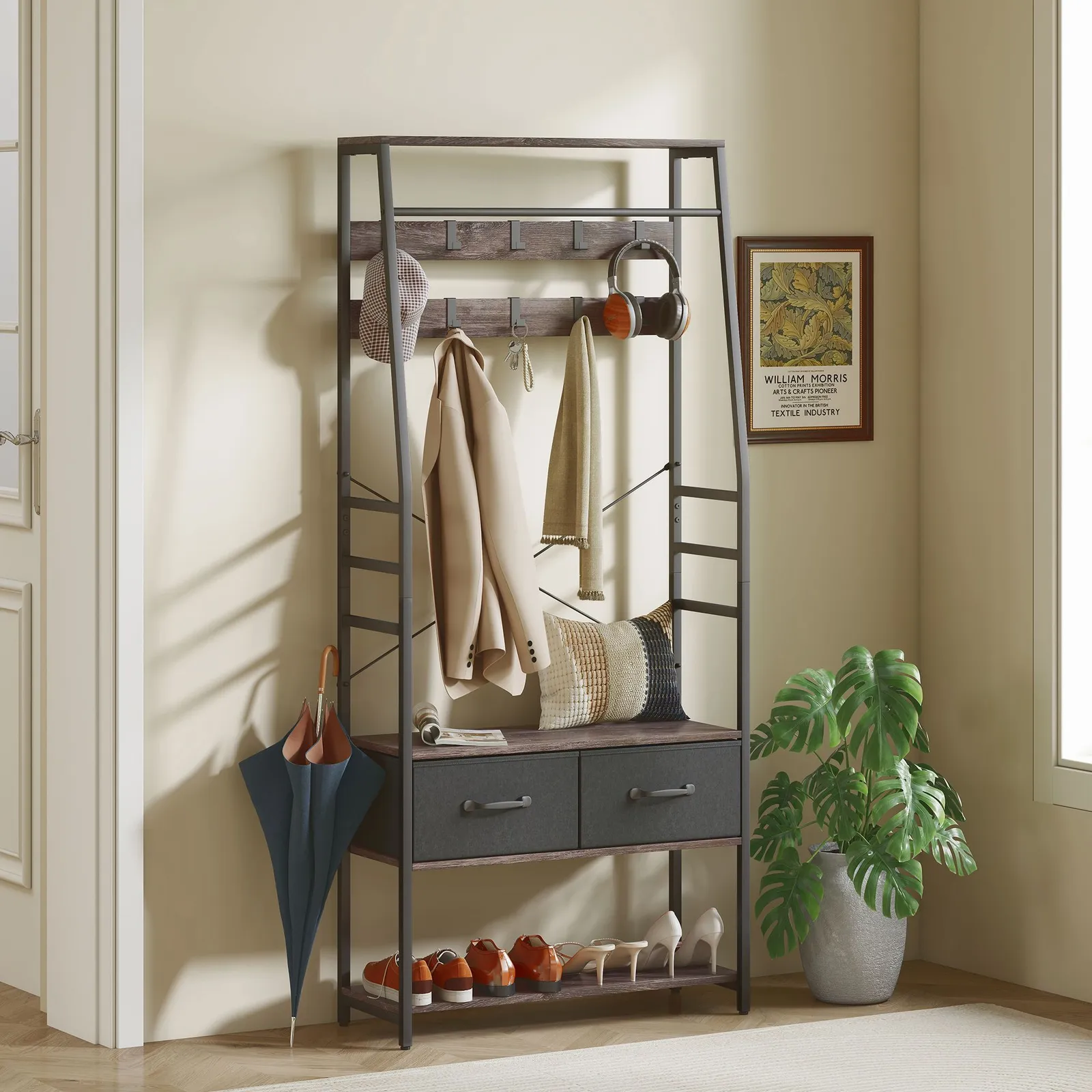 HOMCOM Coat Rack with Shoe Storage, Bench & 10 Hooks in Grey 1