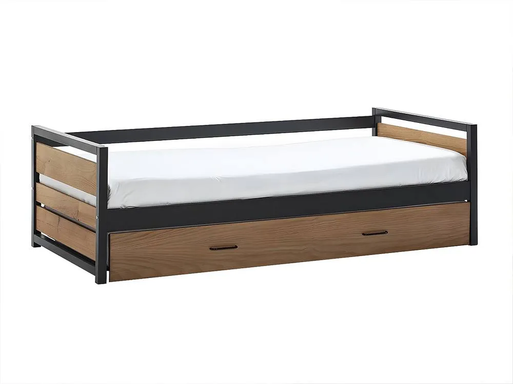 Vente-unique Industrial-Style Trundle Bed - 2 X 90 X 190 Cm - MDF, Pine & Metal in Light Oak 4