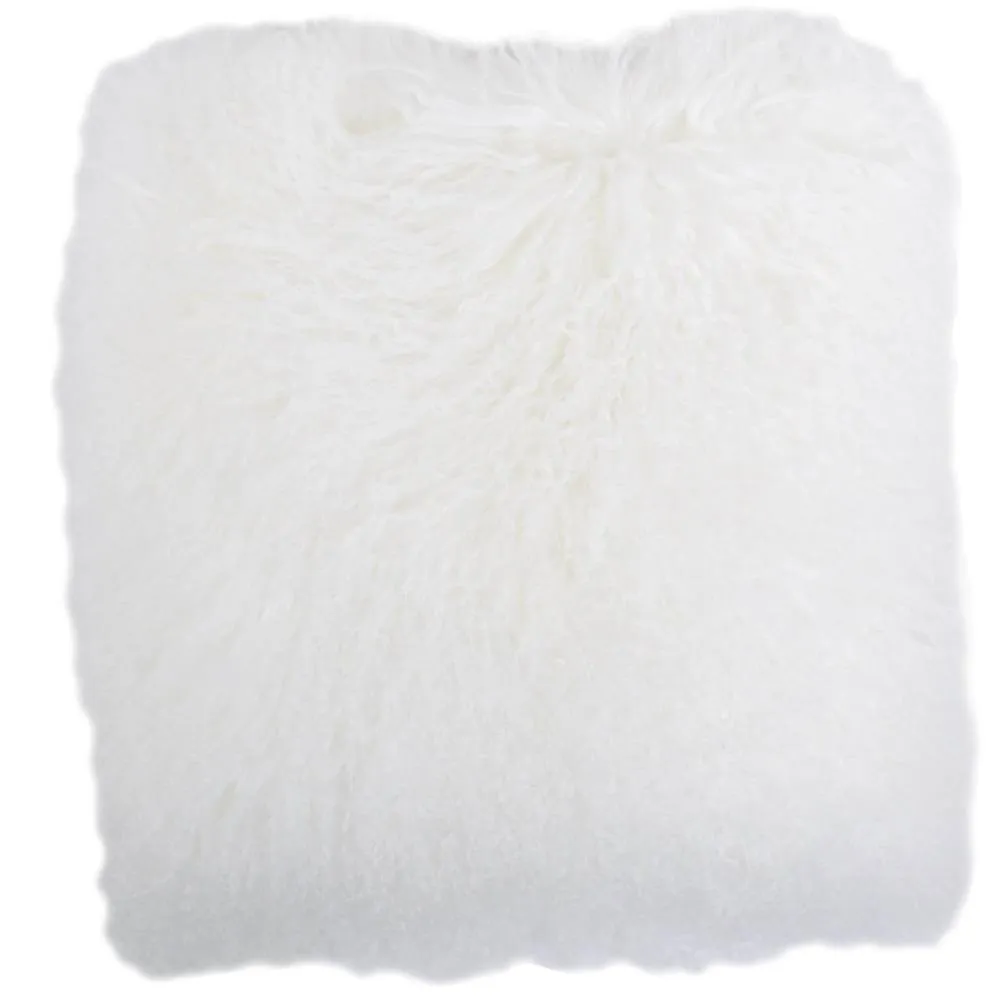 SNUGRUGS Mongolian Long Curly Wool Sheepskin Cushion with Cushion - 60cm x 60cm in White