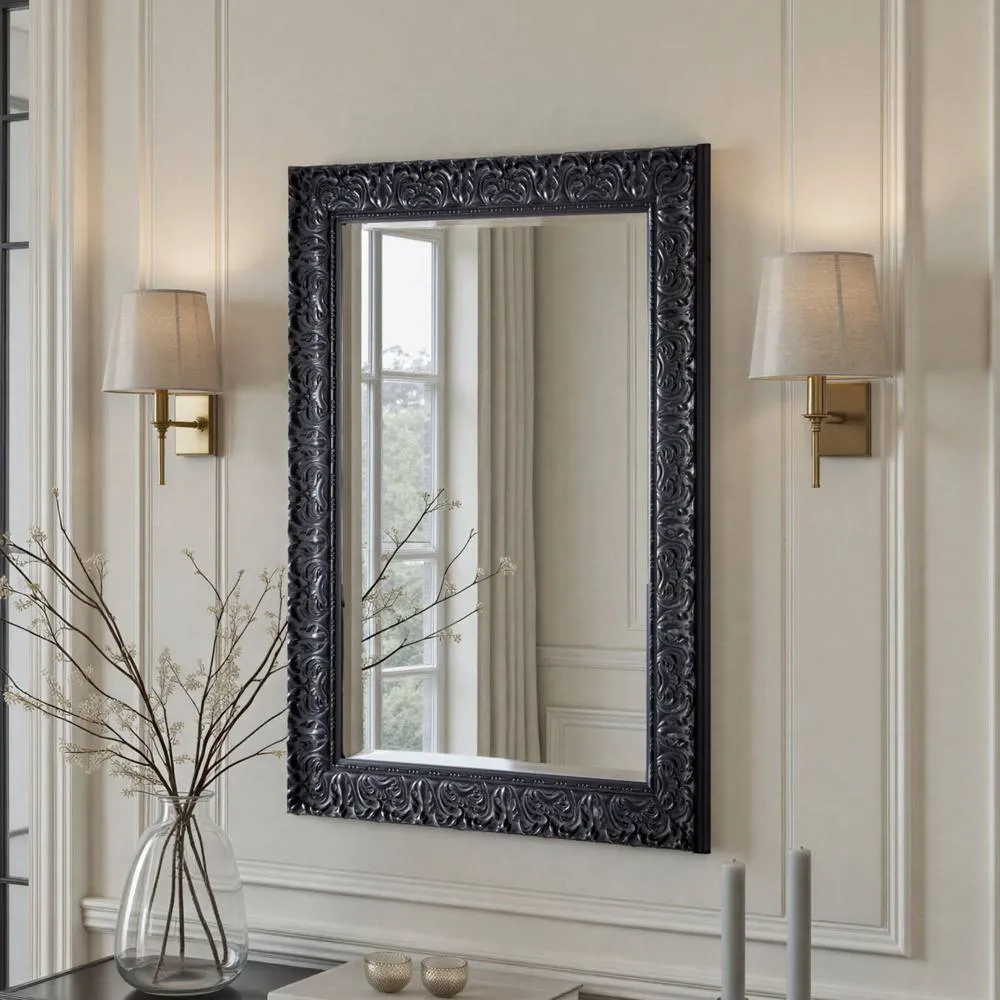Yearn Mirrors Carved Framed Bevelled Mirror Black 102.5x74.5cm 2