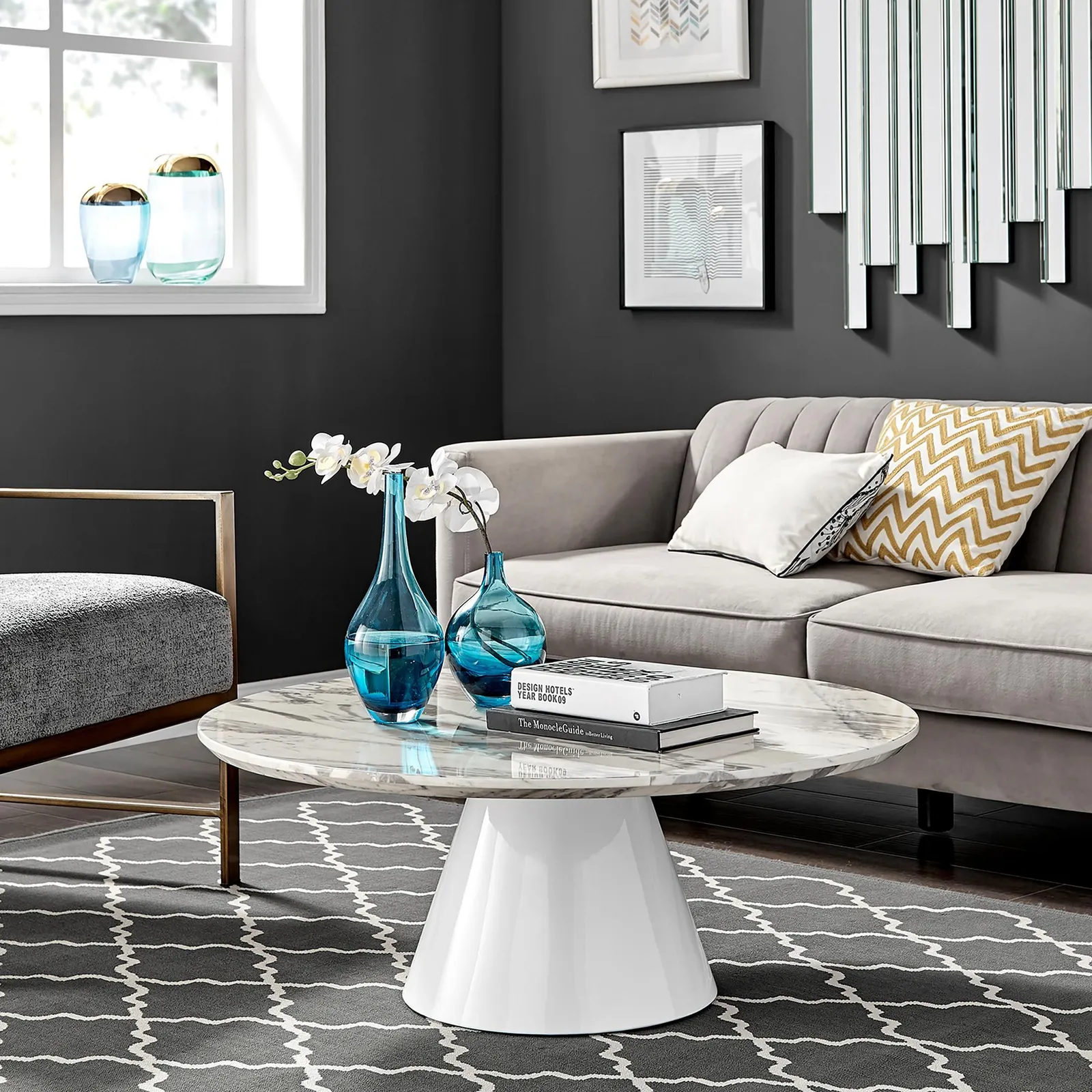 FurnitureboxUK Palma Round Coffee Table with Pedestal Pillar Base & Semi-Matte or High Gloss Finish for Modern Minimalist Industrial Look in Off-White 1